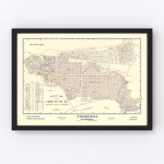 Vintage coastal map of Carmel-By-The-Sea, California, 1920, restored print