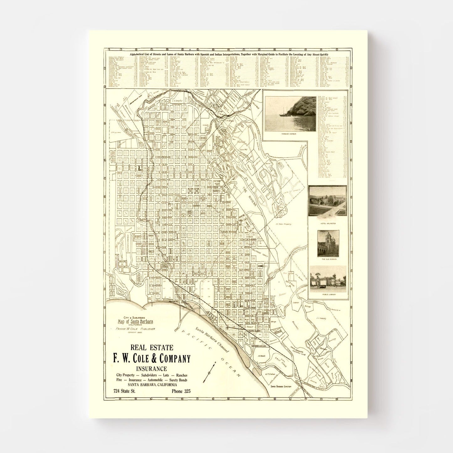 Vintage Map of Santa Barbara, California, 1920