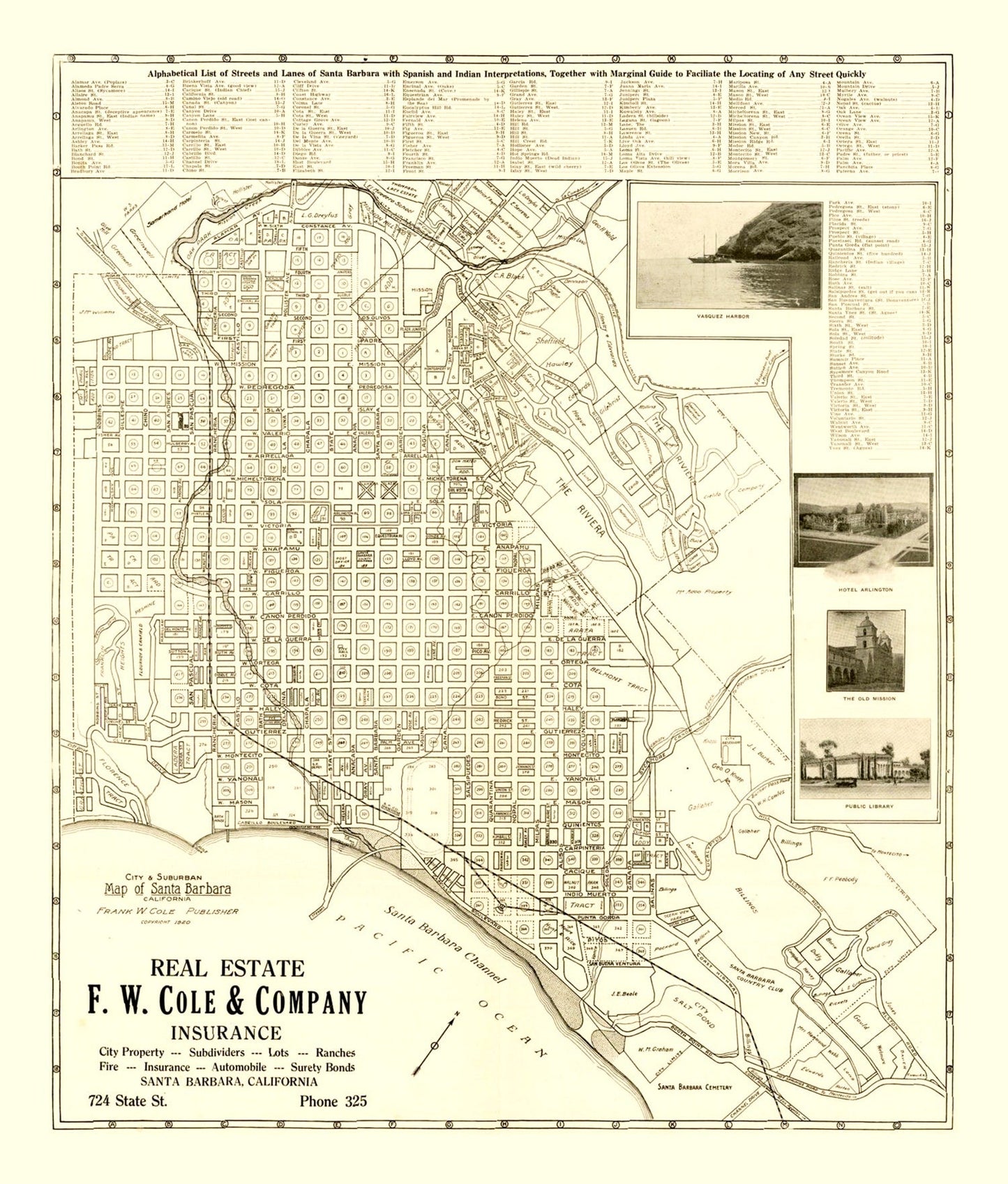 Vintage Map of Santa Barbara, California, 1920