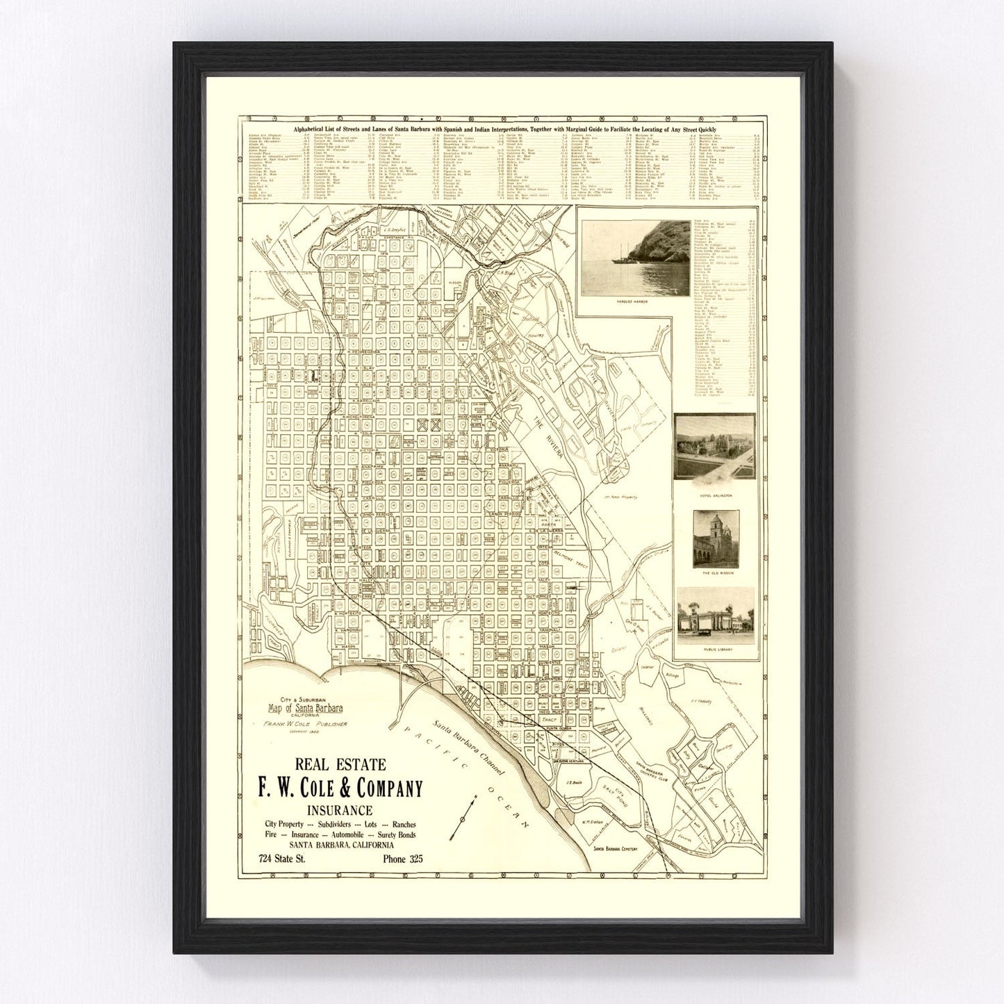 Vintage map of Santa Barbara, California, 1920