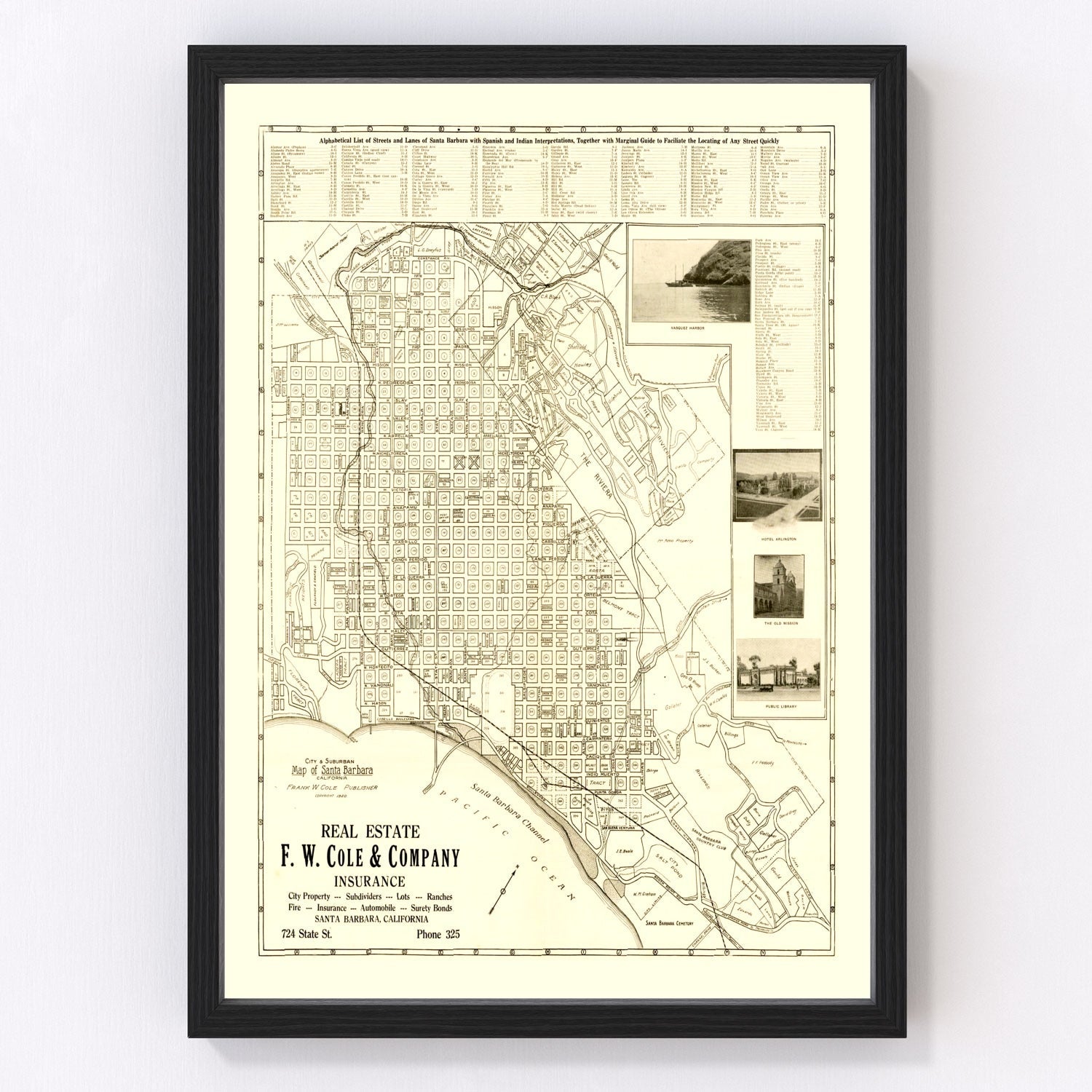 Vintage map of Santa Barbara, California, 1920