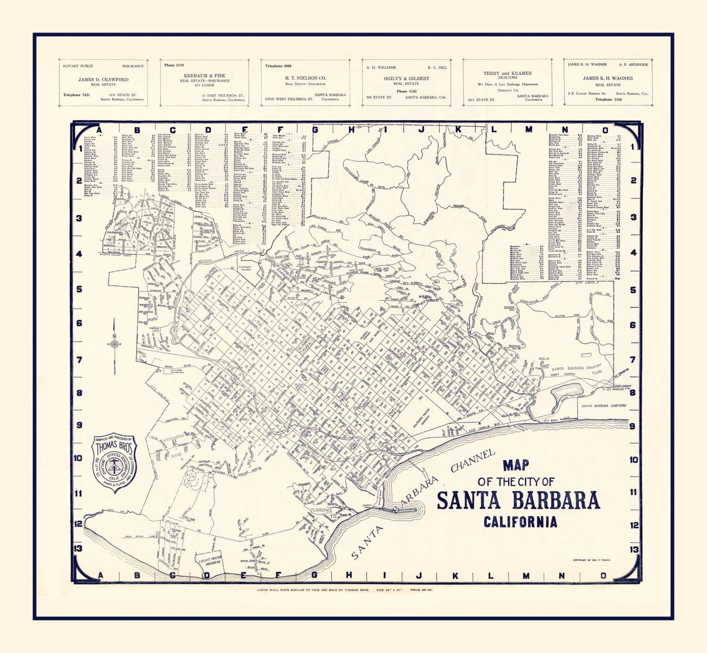 Vintage Map of Santa Barbara, California, 1920