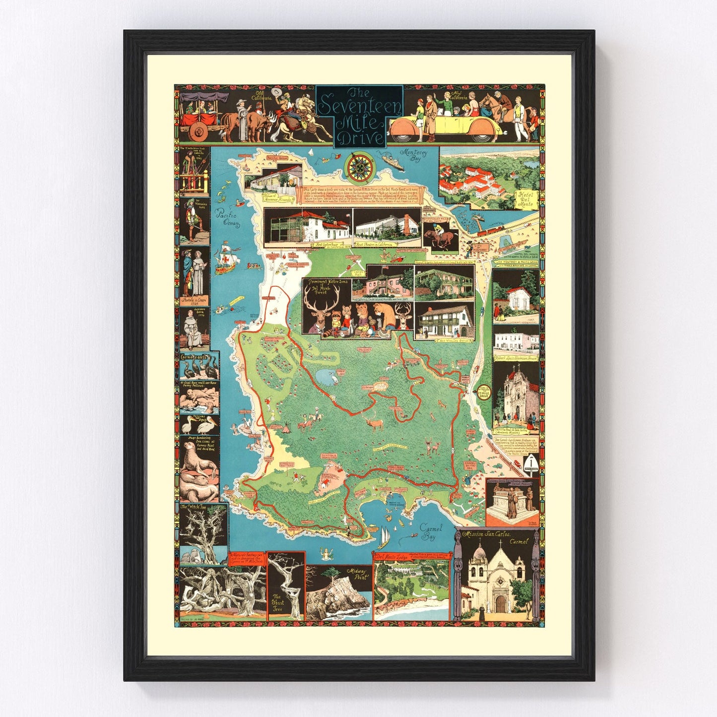 Vintage 1927 map of the Seventeen Mile Drive Pebble Beach California, restored coastal cartographic print