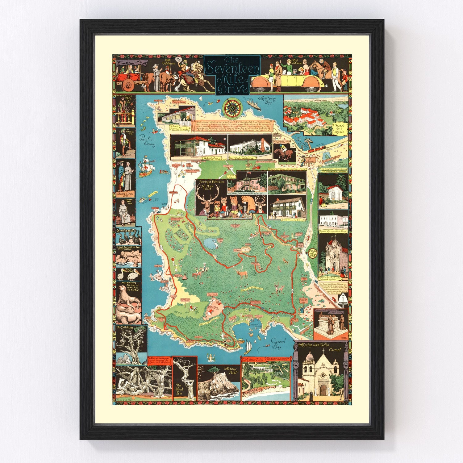 Vintage 1927 map of the Seventeen Mile Drive Pebble Beach California, restored coastal cartographic print