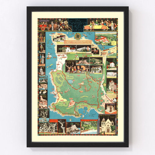 Vintage 1927 map of the Seventeen Mile Drive Pebble Beach California, restored coastal cartographic print