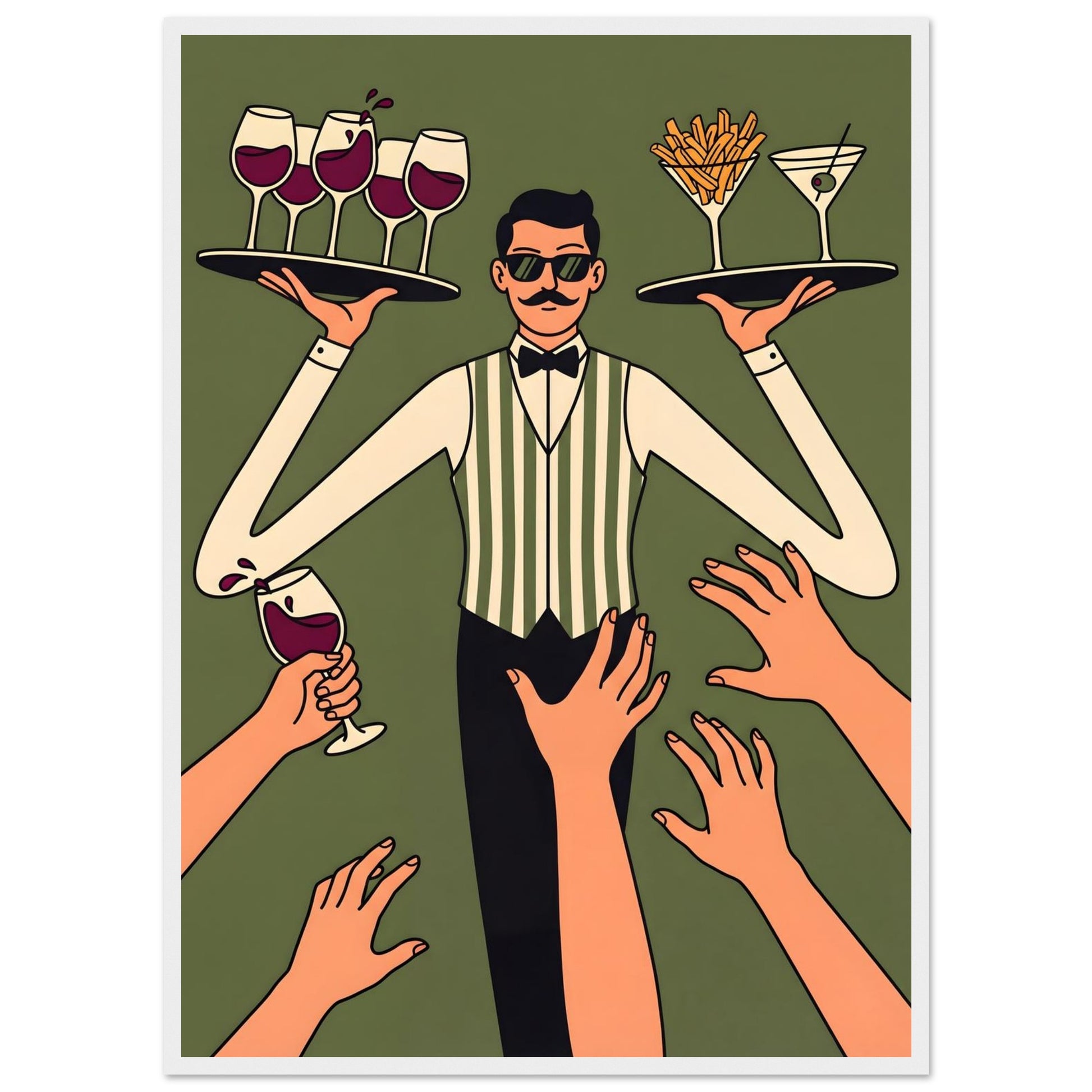 Retro Waiter Bar Art, Framed Server Wall Decor - 20x25 cm / 8x10″ - White frame / Ready-to-hang - Sparkycare