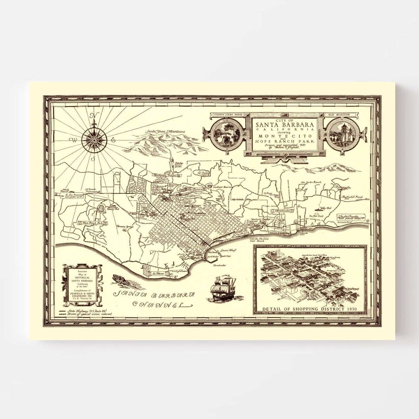 Vintage Map of Santa Barbara, California, 1930