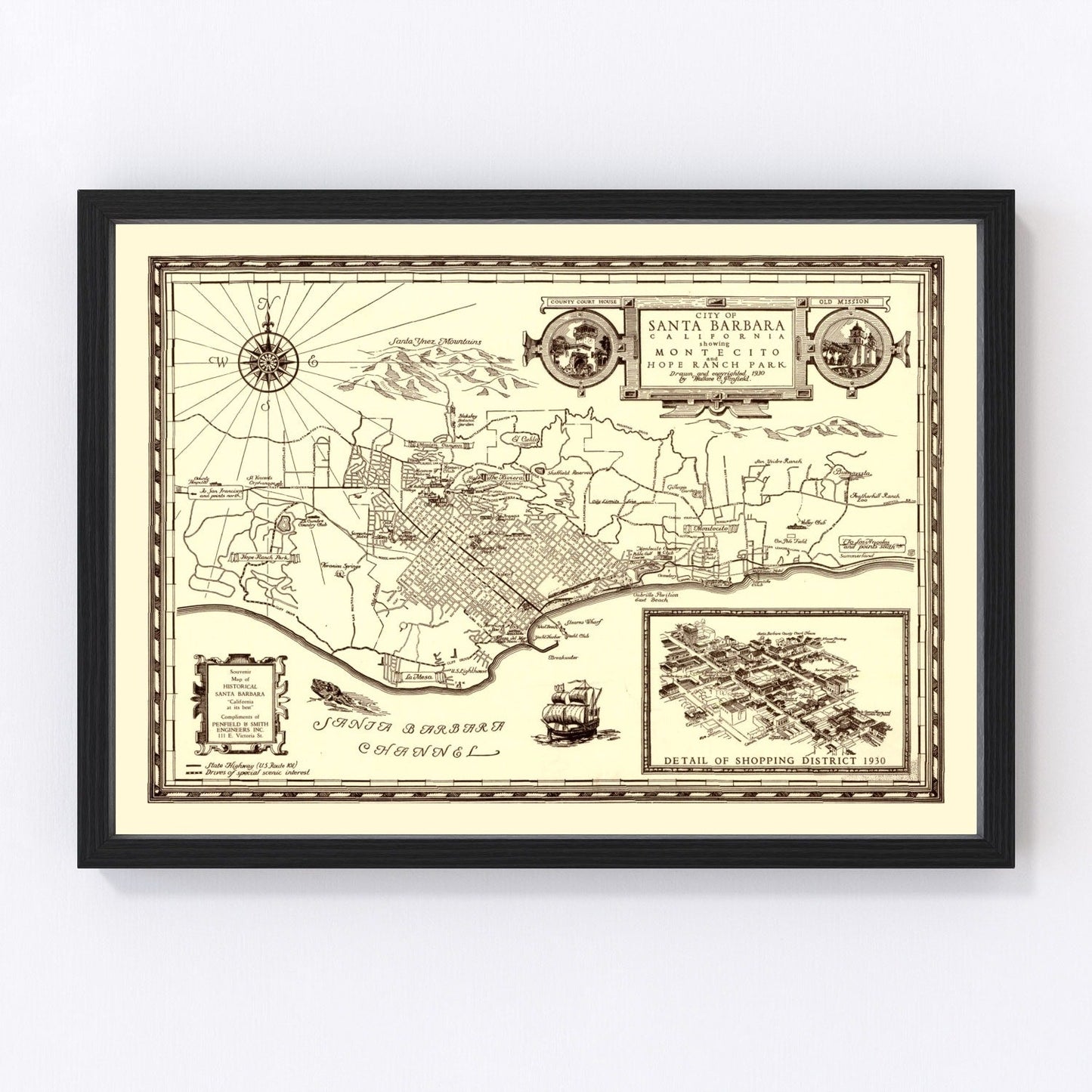 Vintage map of Santa Barbara, California, 1930