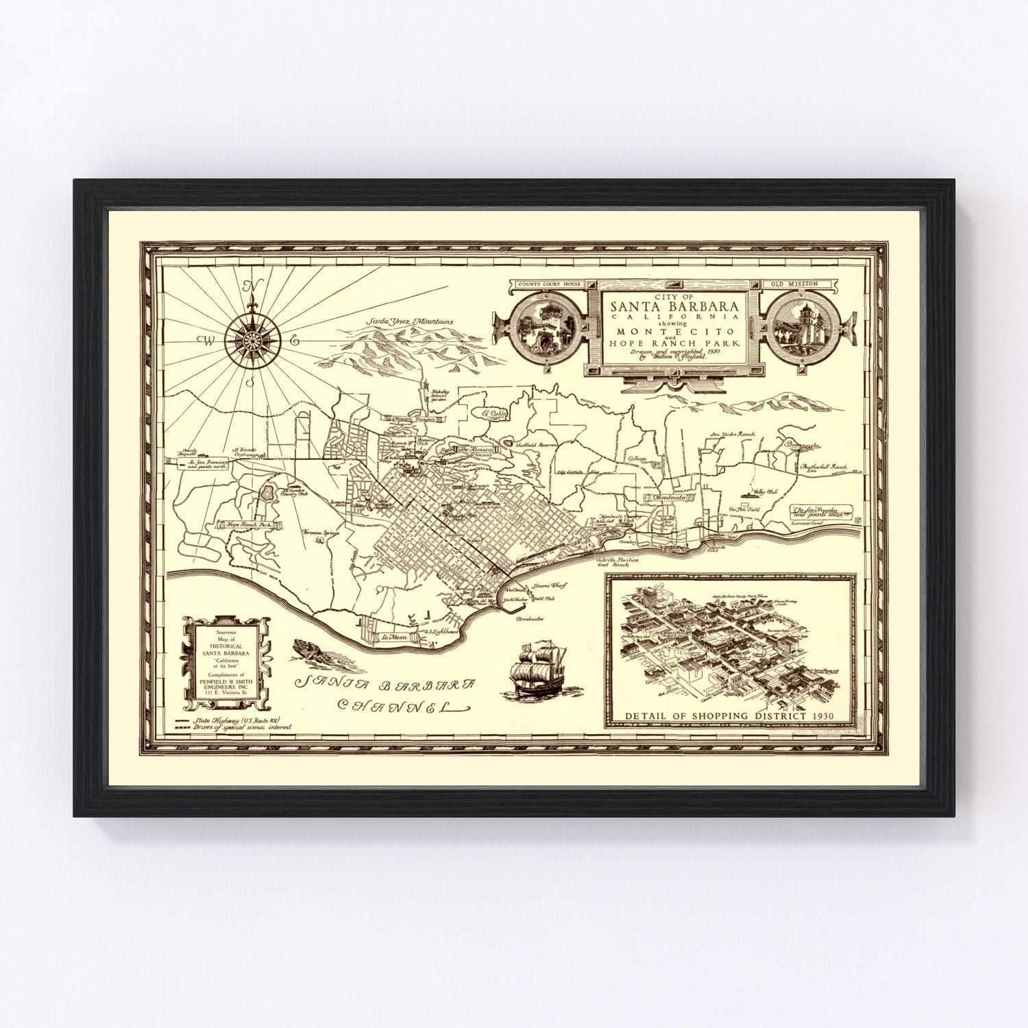 Vintage map of Santa Barbara, California, 1930