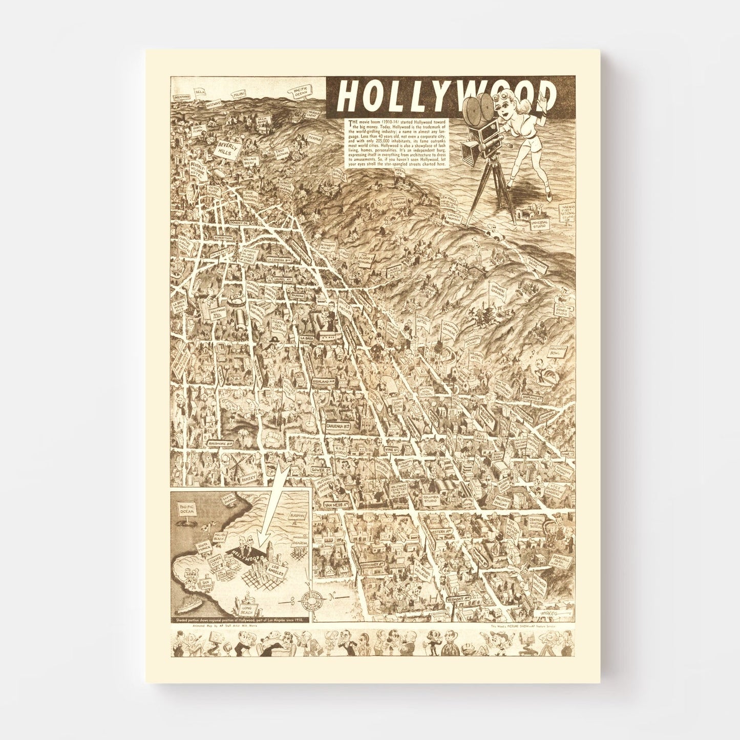Vintage Map of Hollywood, Los Angeles County, California, 1940