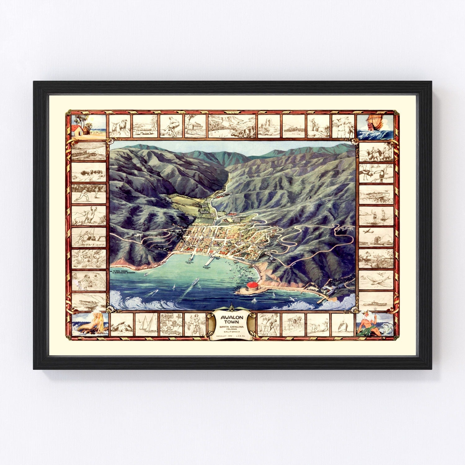Vintage map of Avalon and Santa Catalina Island, California, 1948 - restored coastal map