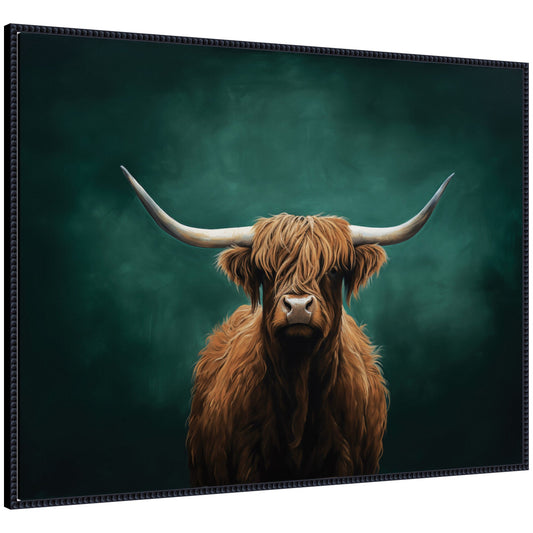 Highland cow on teal green abstract framed canvas wall art, beaded black frame
