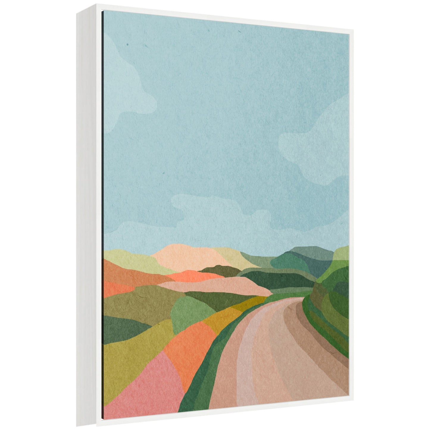 Winding country lane drawing through open fields toward the horizon on canvas