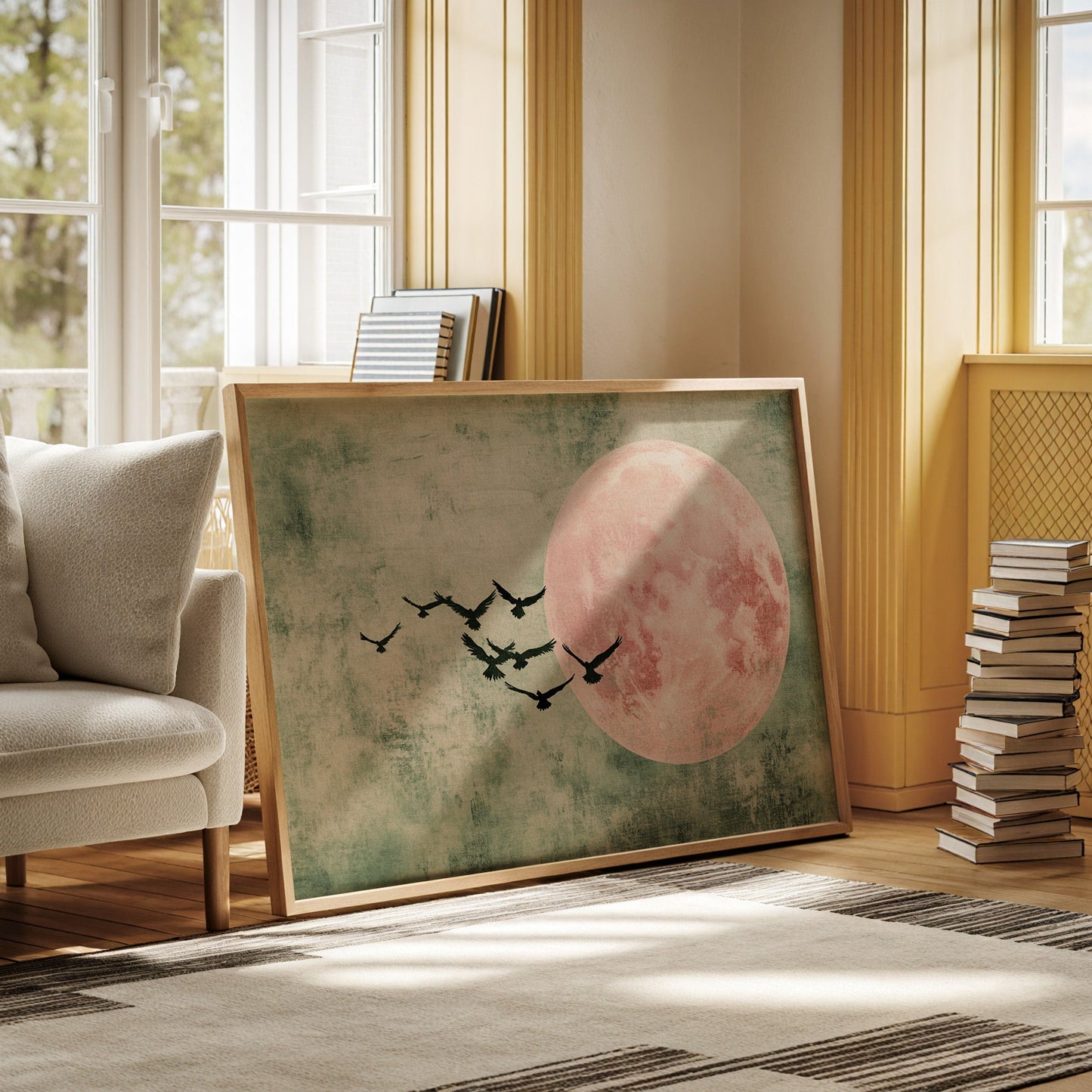 Pink Moon Wall Art - Minimalist Birds in Flight Print