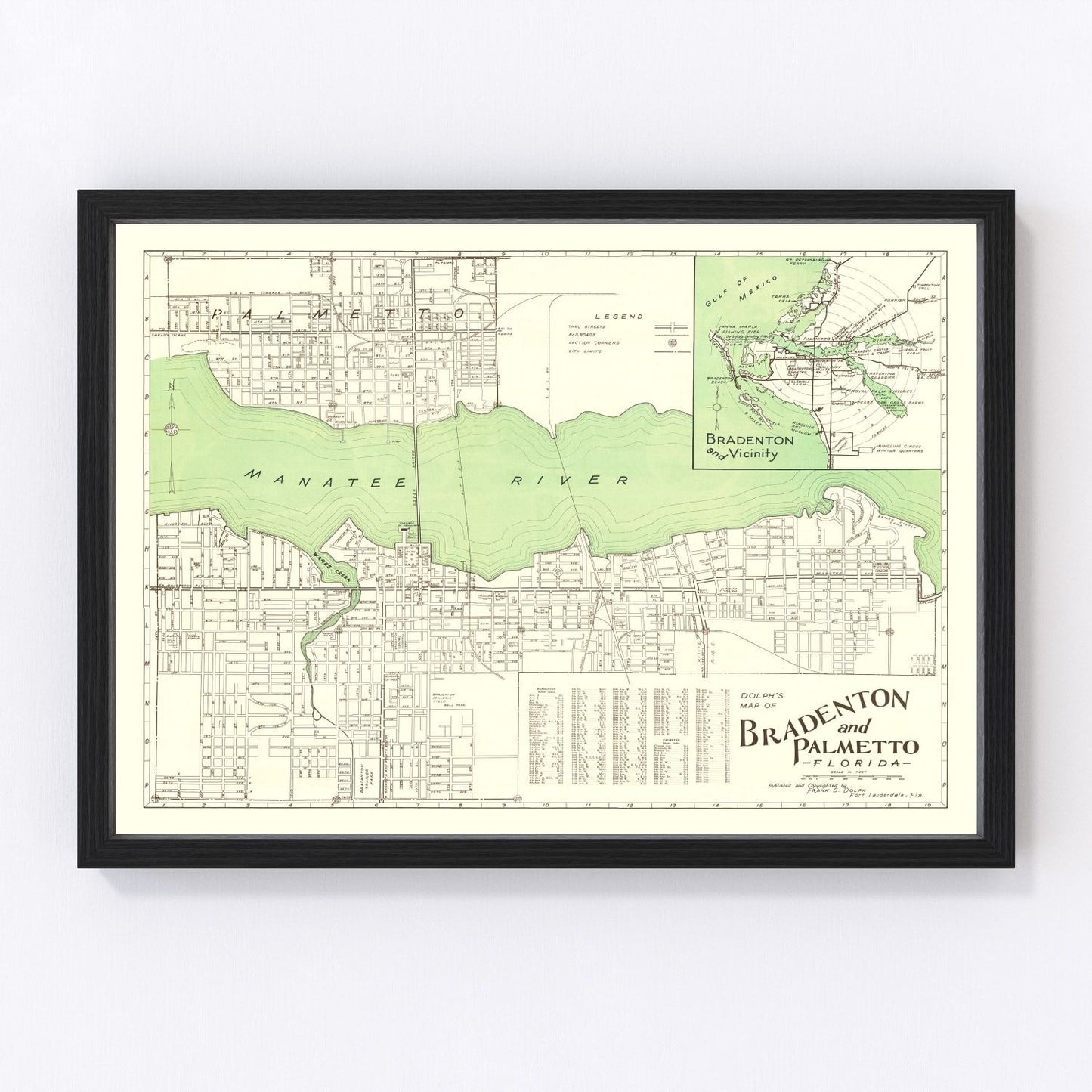 vintage map of Bradenton Florida, 1940, restored print wall art