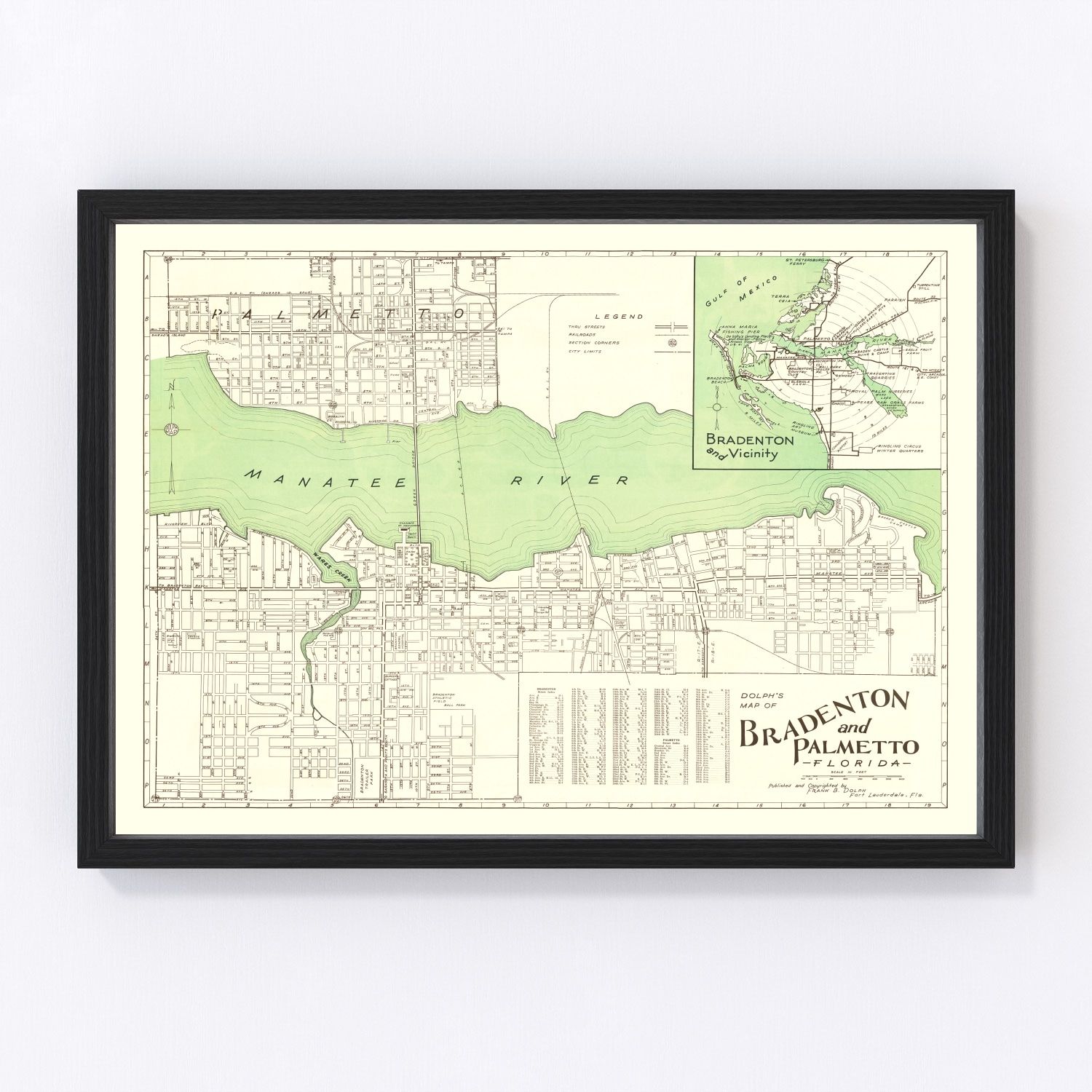 vintage map of Bradenton Florida, 1940, restored print wall art