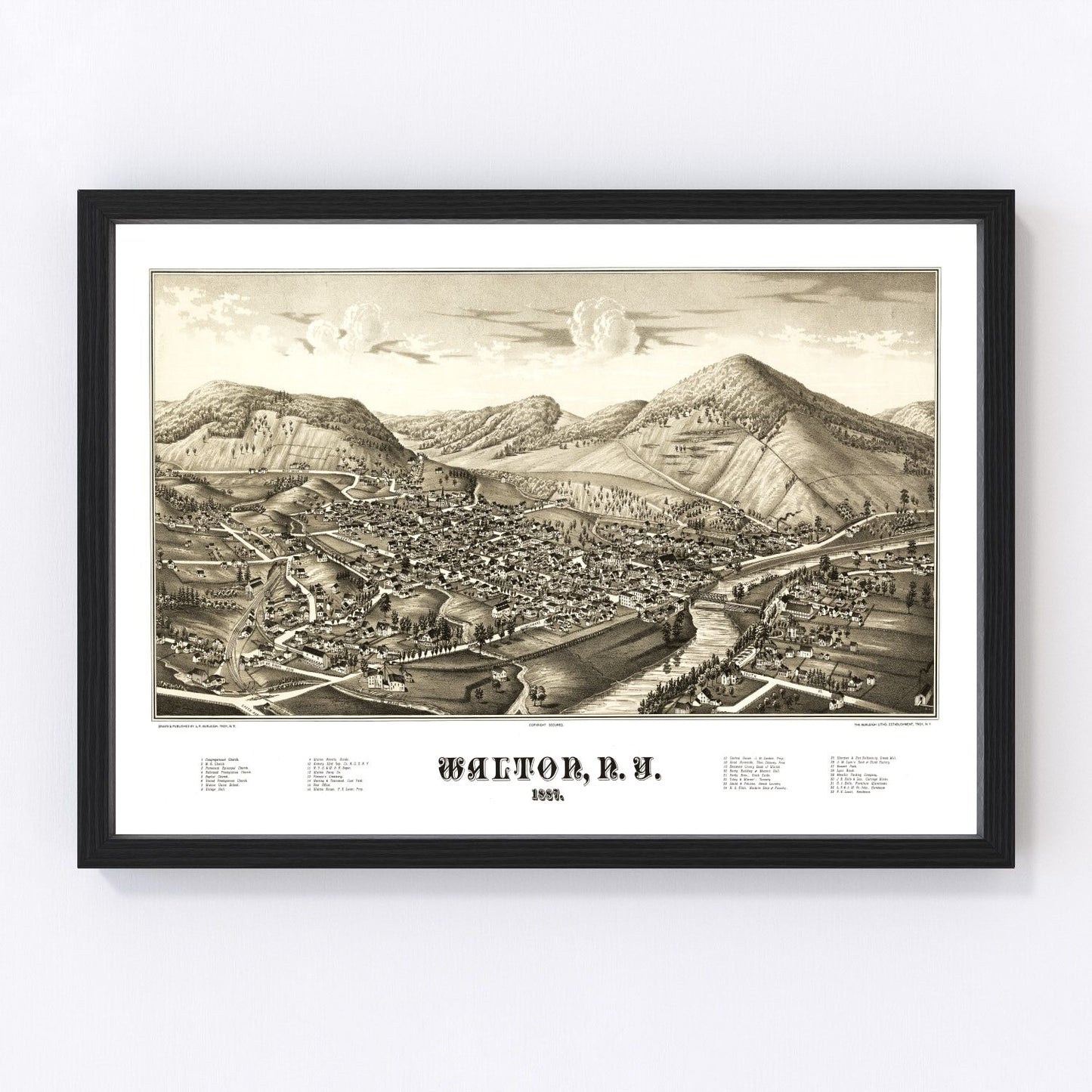Vintage map of Walton, New York, 1887, Delaware County