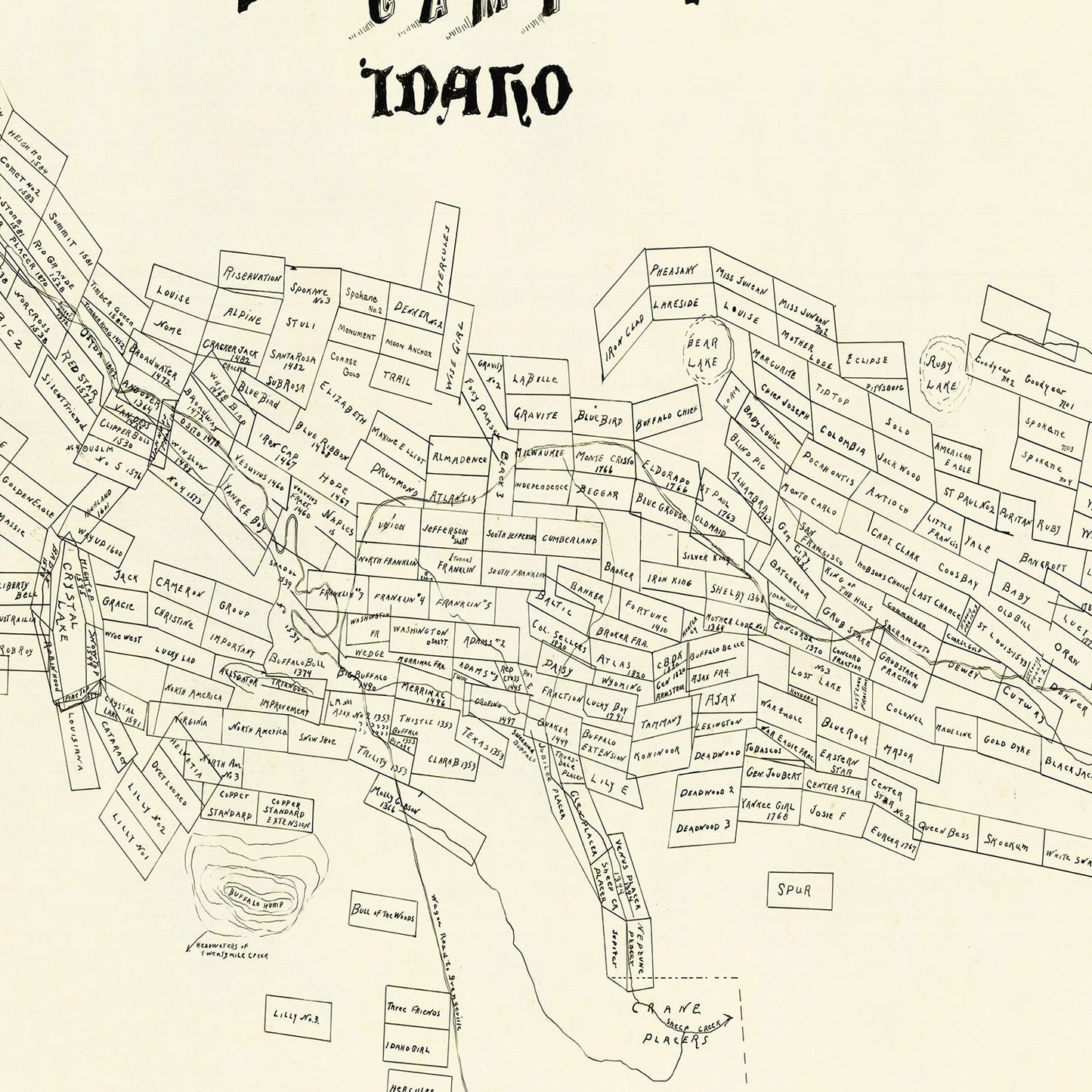 Vintage Map of Buffalo Hump Camp, Idaho 1899