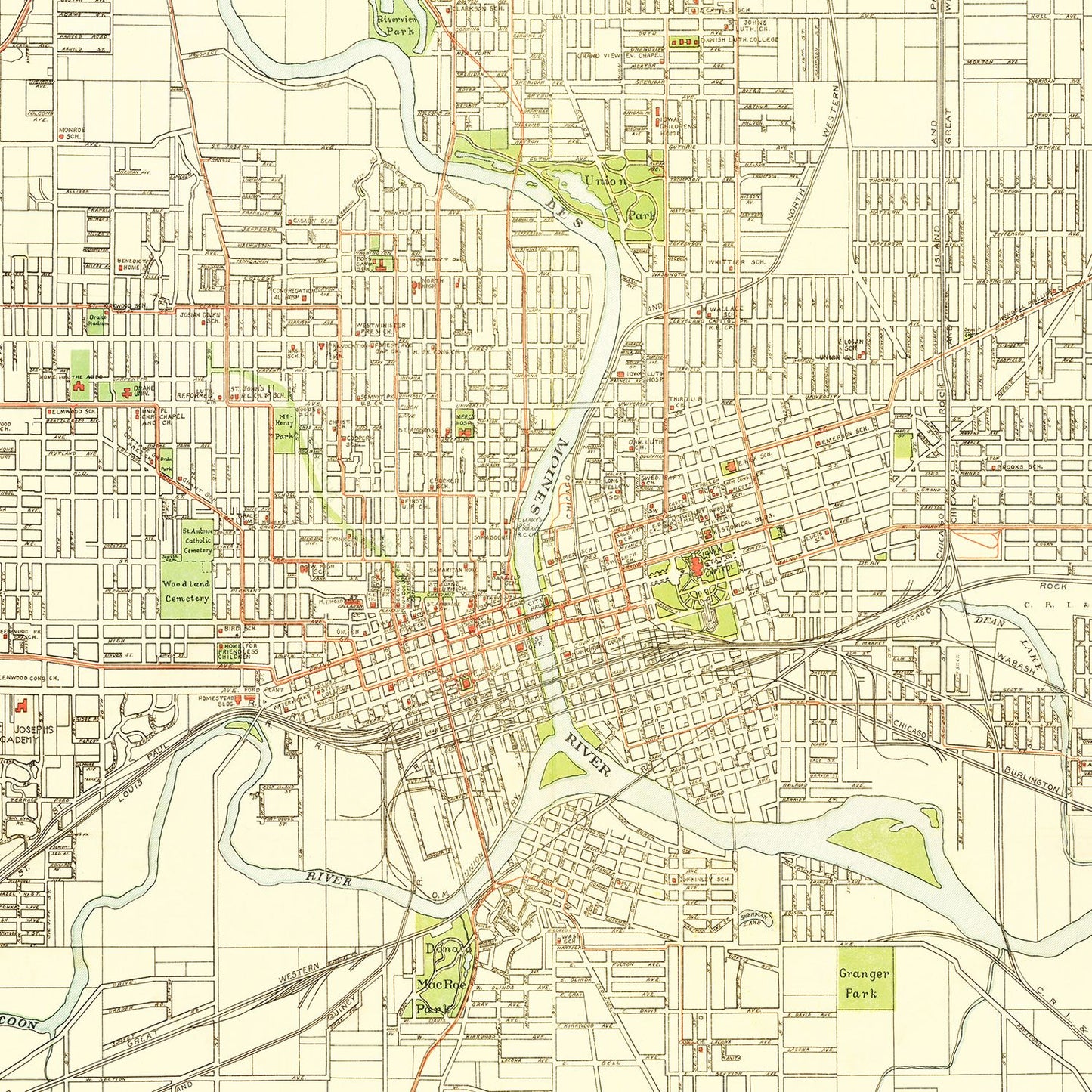 Vintage Map of Des Moines, Iowa 1920