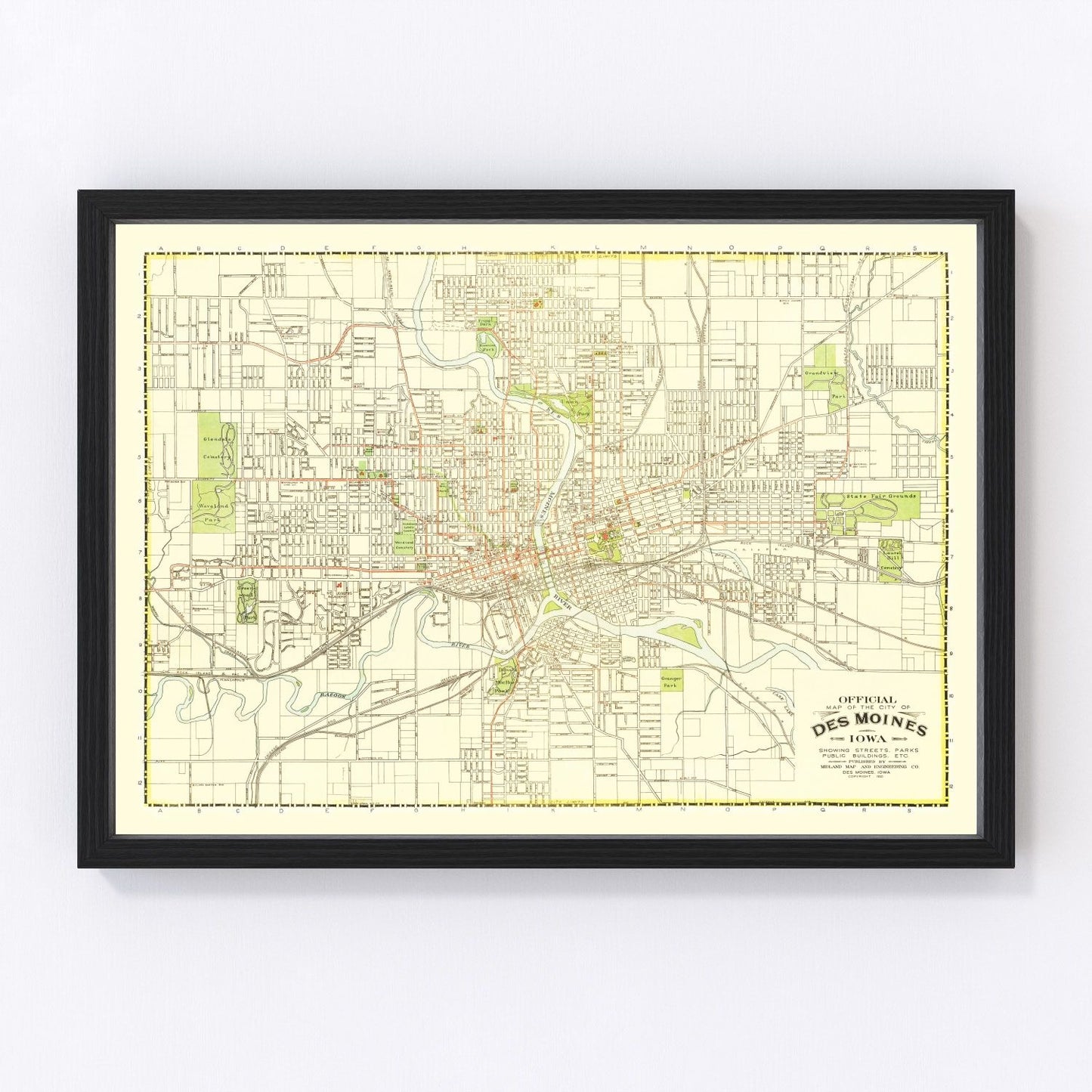 Vintage restored map of Des Moines, Iowa, 1920, automobile-era Iowa capital cartography
