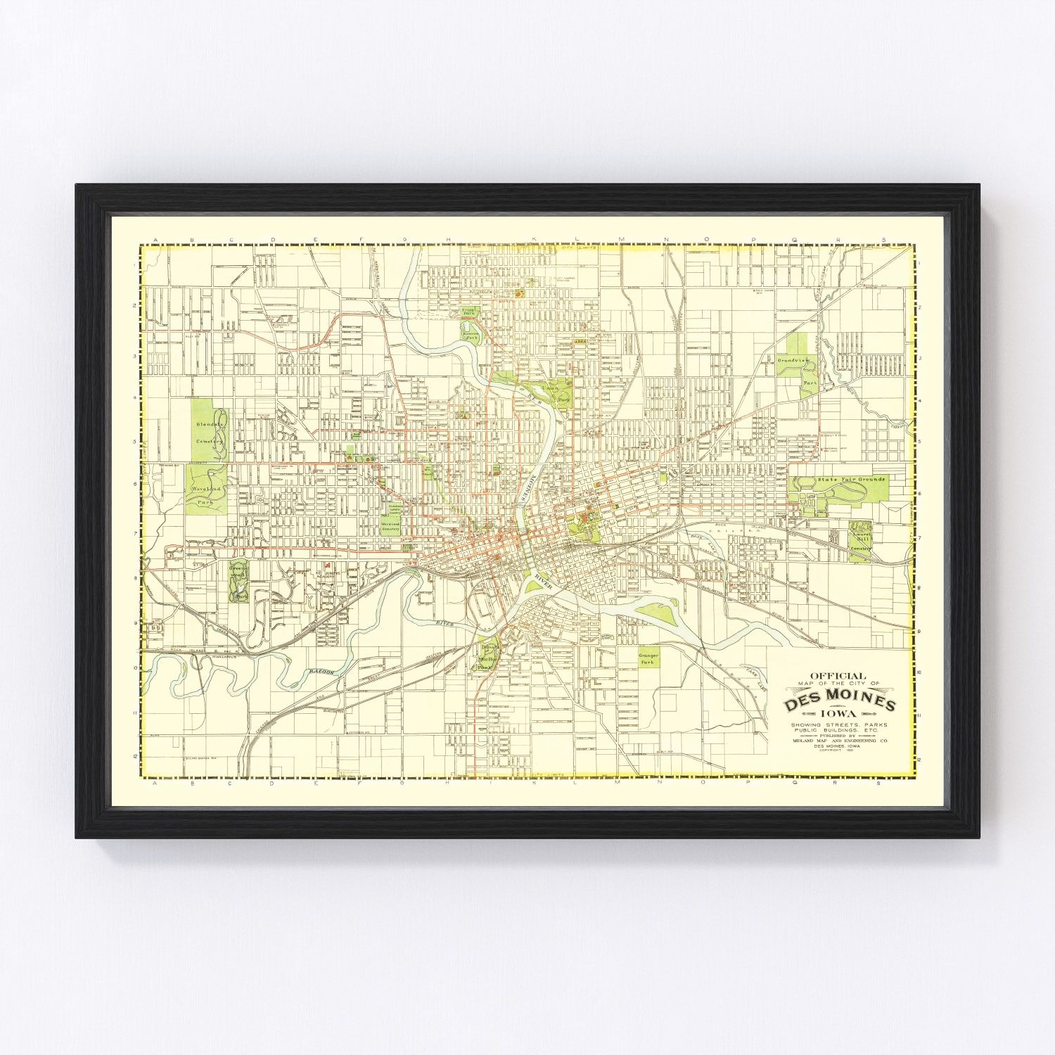 Vintage restored map of Des Moines, Iowa, 1920, automobile-era Iowa capital cartography