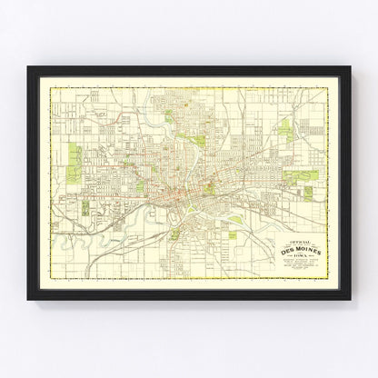 Vintage restored map of Des Moines, Iowa, 1920, automobile-era Iowa capital cartography