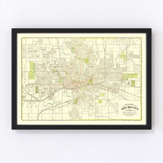Vintage restored map of Des Moines, Iowa, 1920, automobile-era Iowa capital cartography
