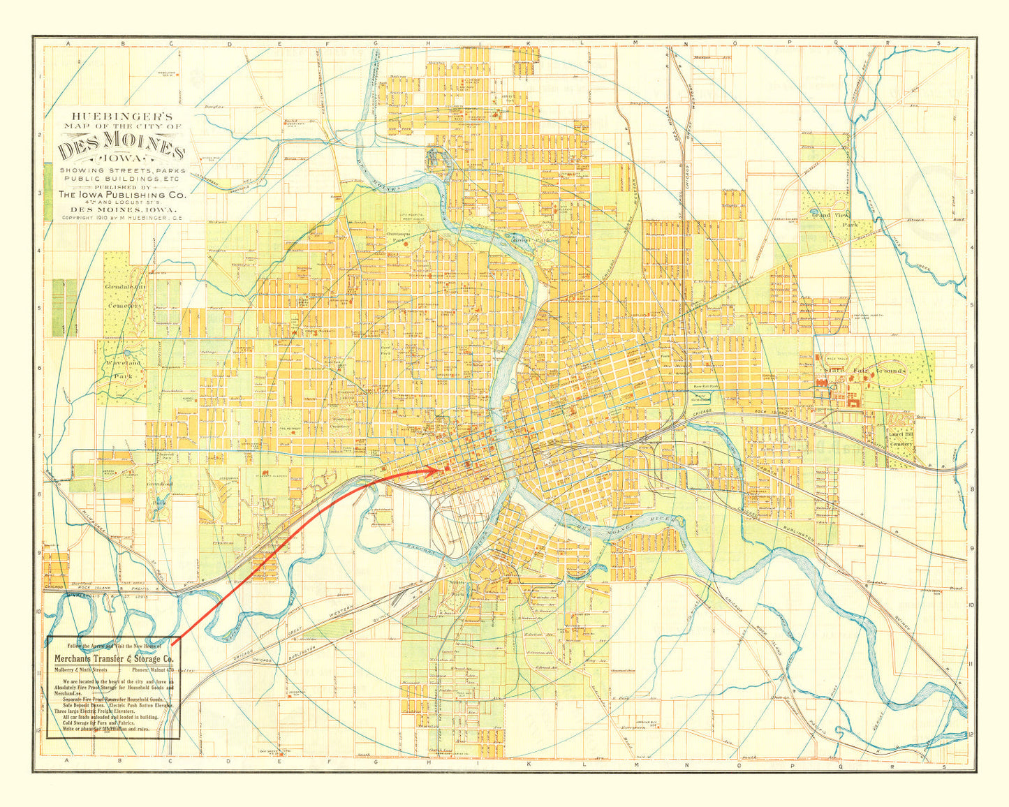 Vintage Map of Des Moines, Iowa 1910