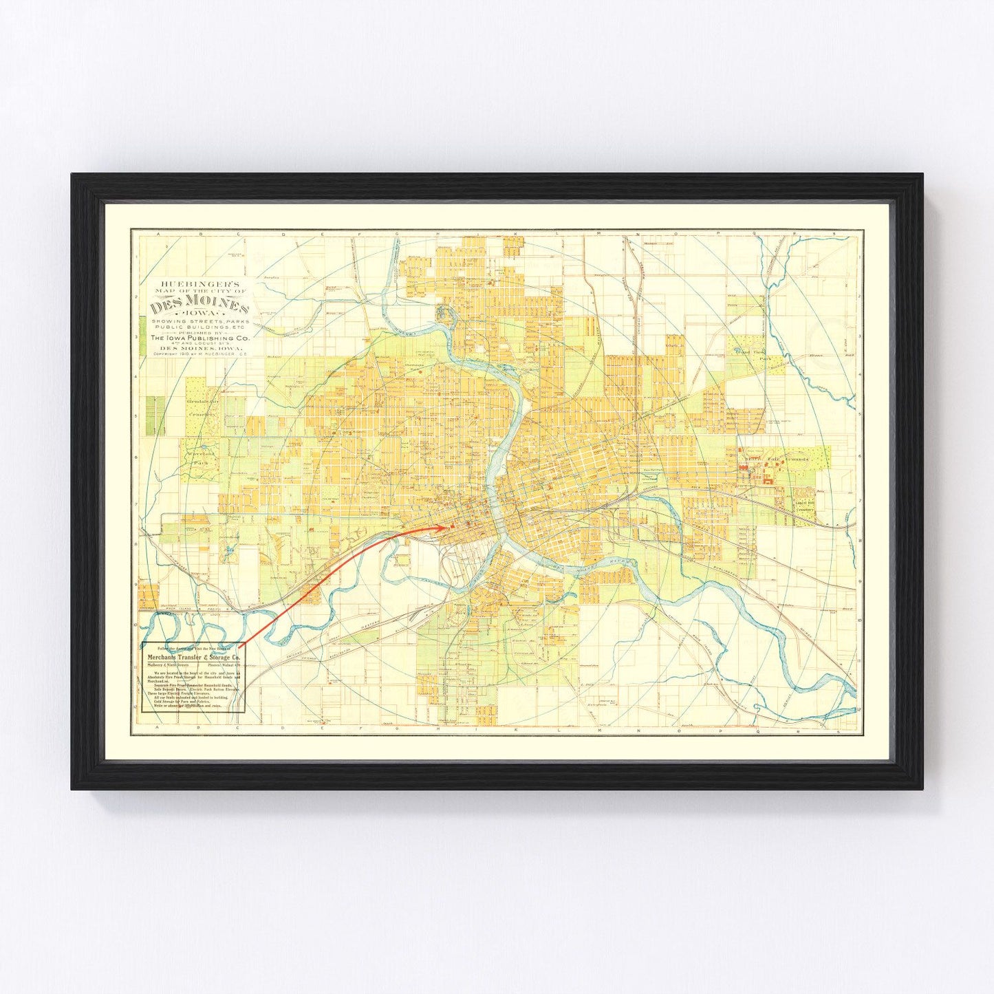 vintage map of Des Moines, Iowa, 1910