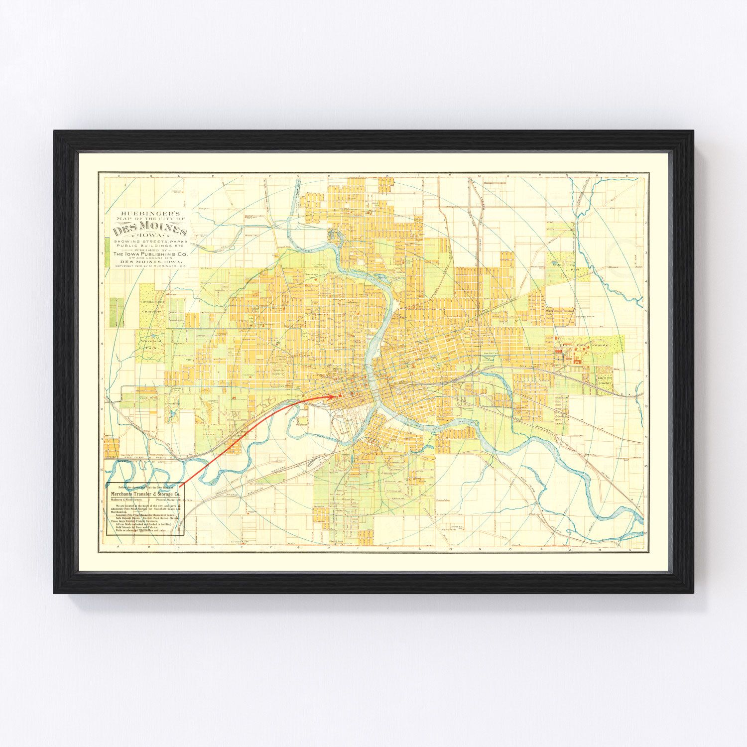 vintage map of Des Moines, Iowa, 1910