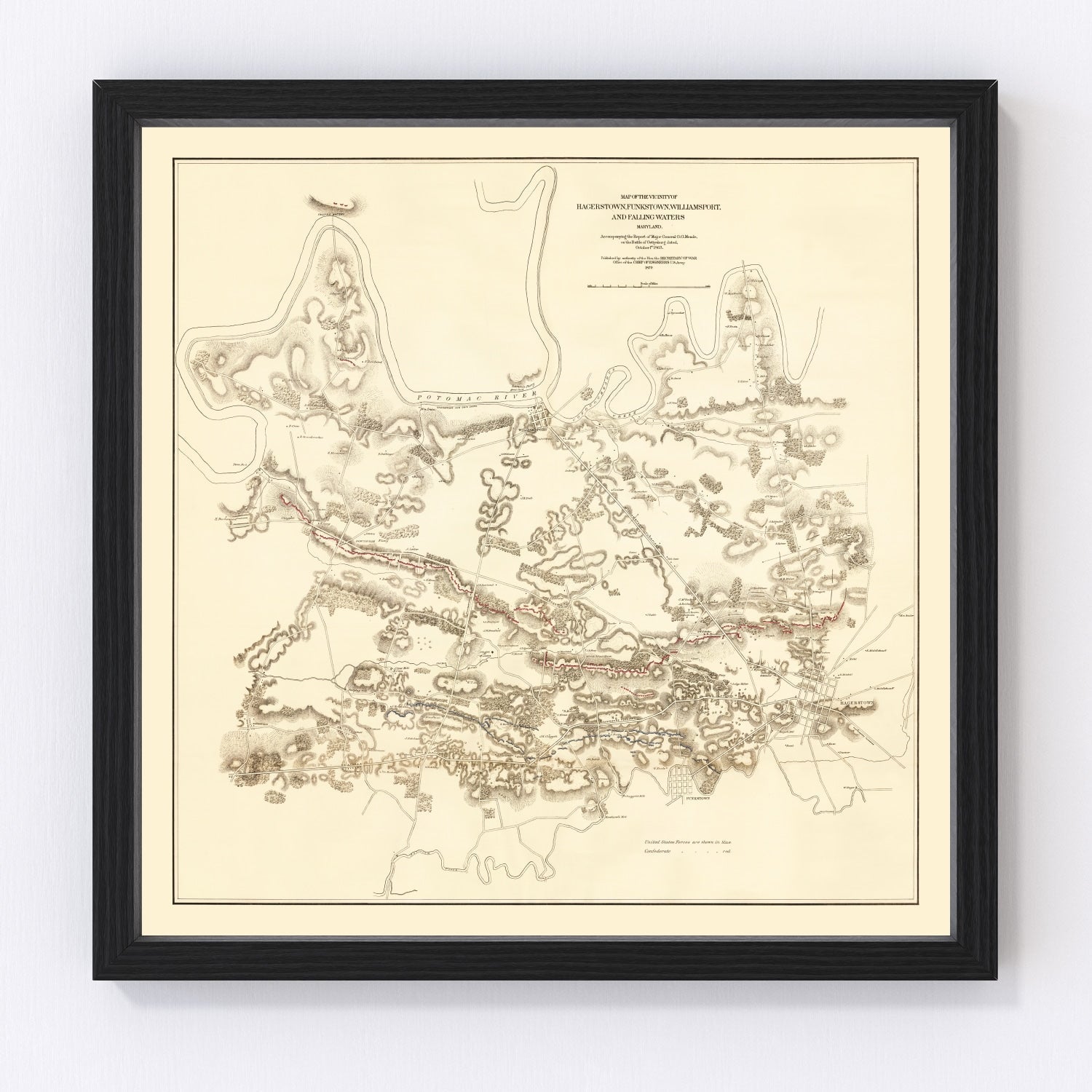 Vintage map of Hagerstown and Funkstown, Maryland, 1879
