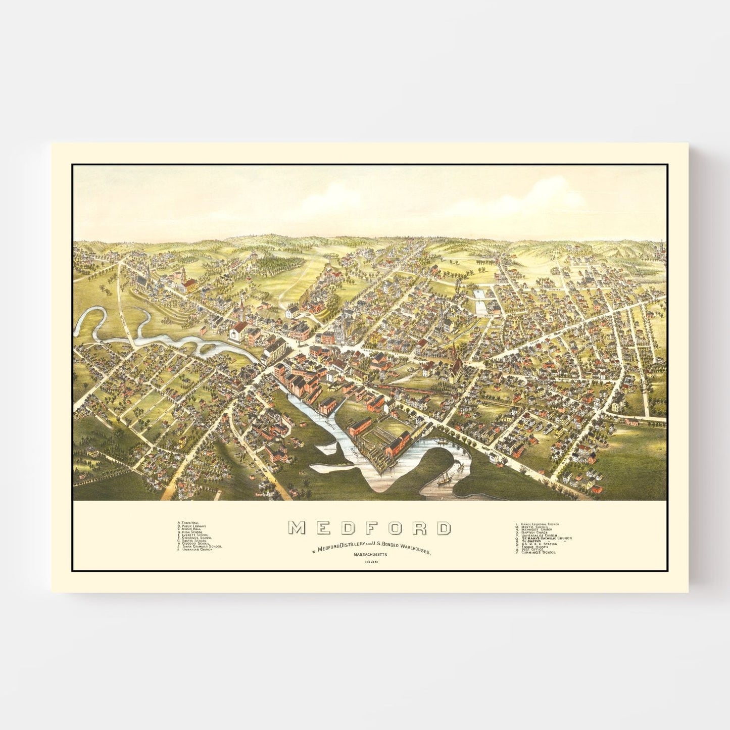 Vintage Map of Medford, Massachusetts, 1880
