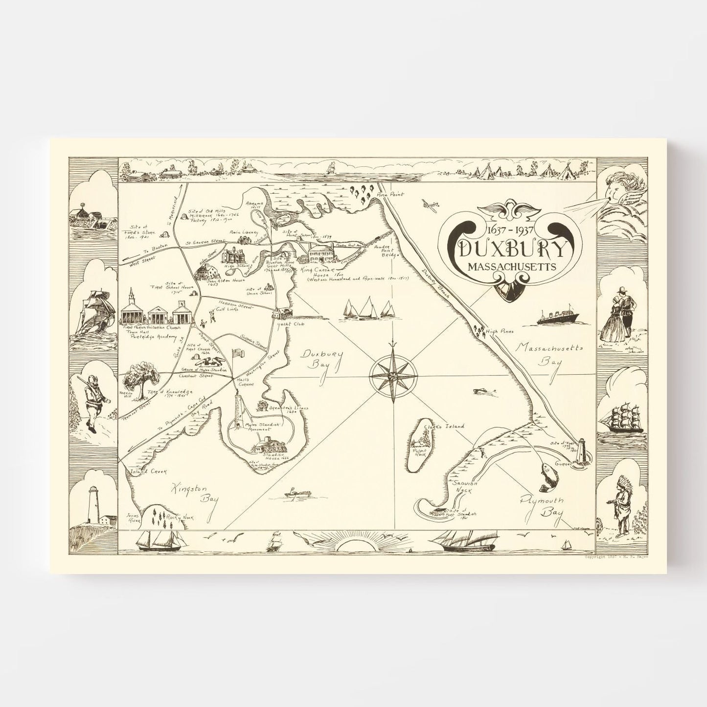Vintage Map of Duxbury, Massachusetts, 1937