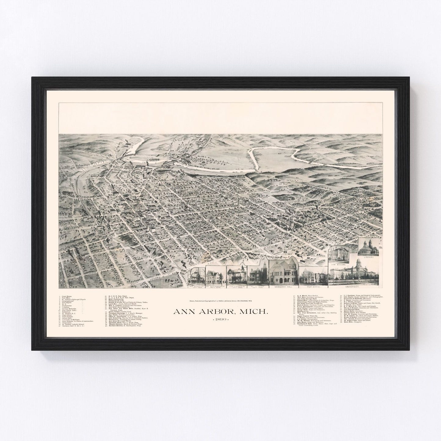 Restored vintage map of Ann Arbor, Michigan, 1890
