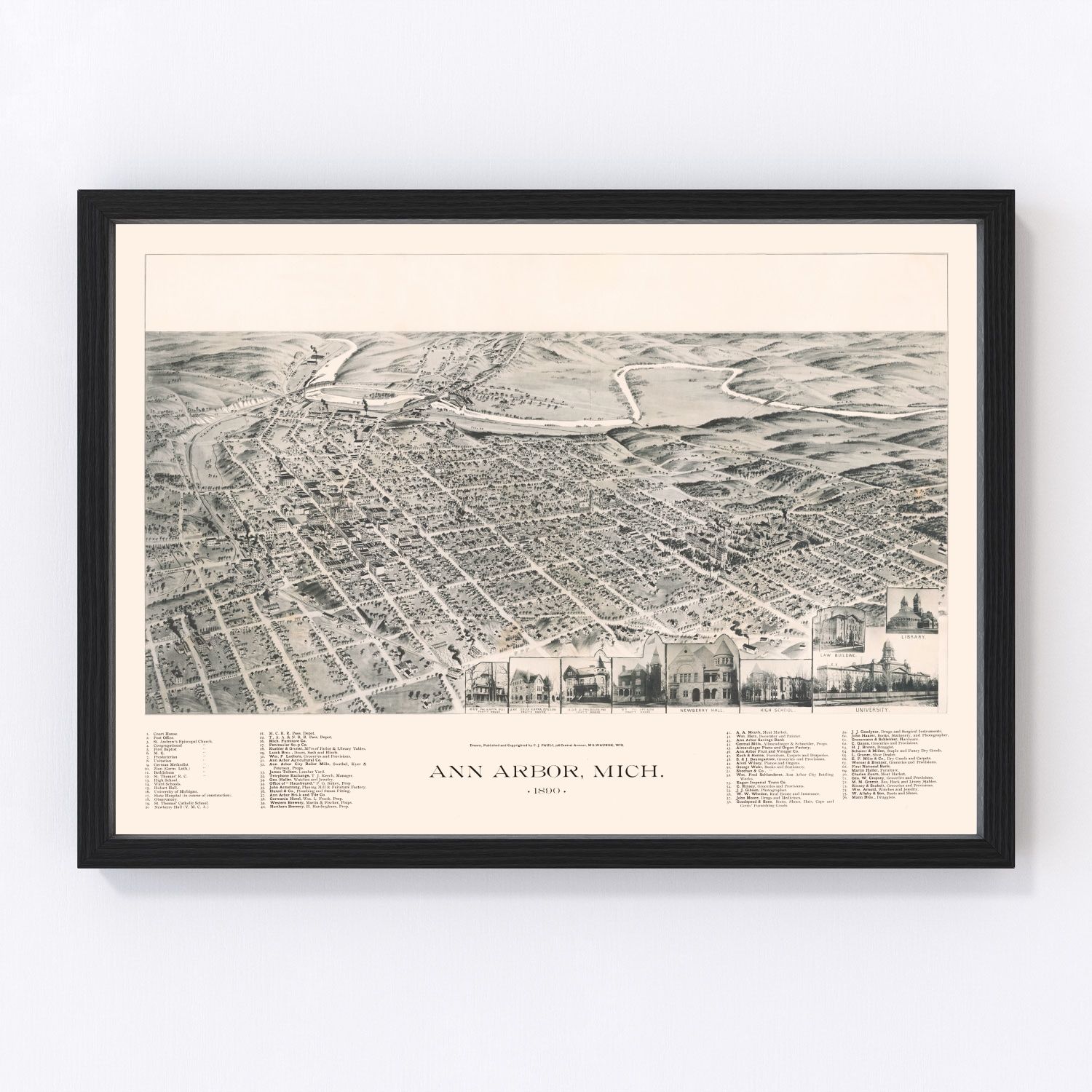 Restored vintage map of Ann Arbor, Michigan, 1890