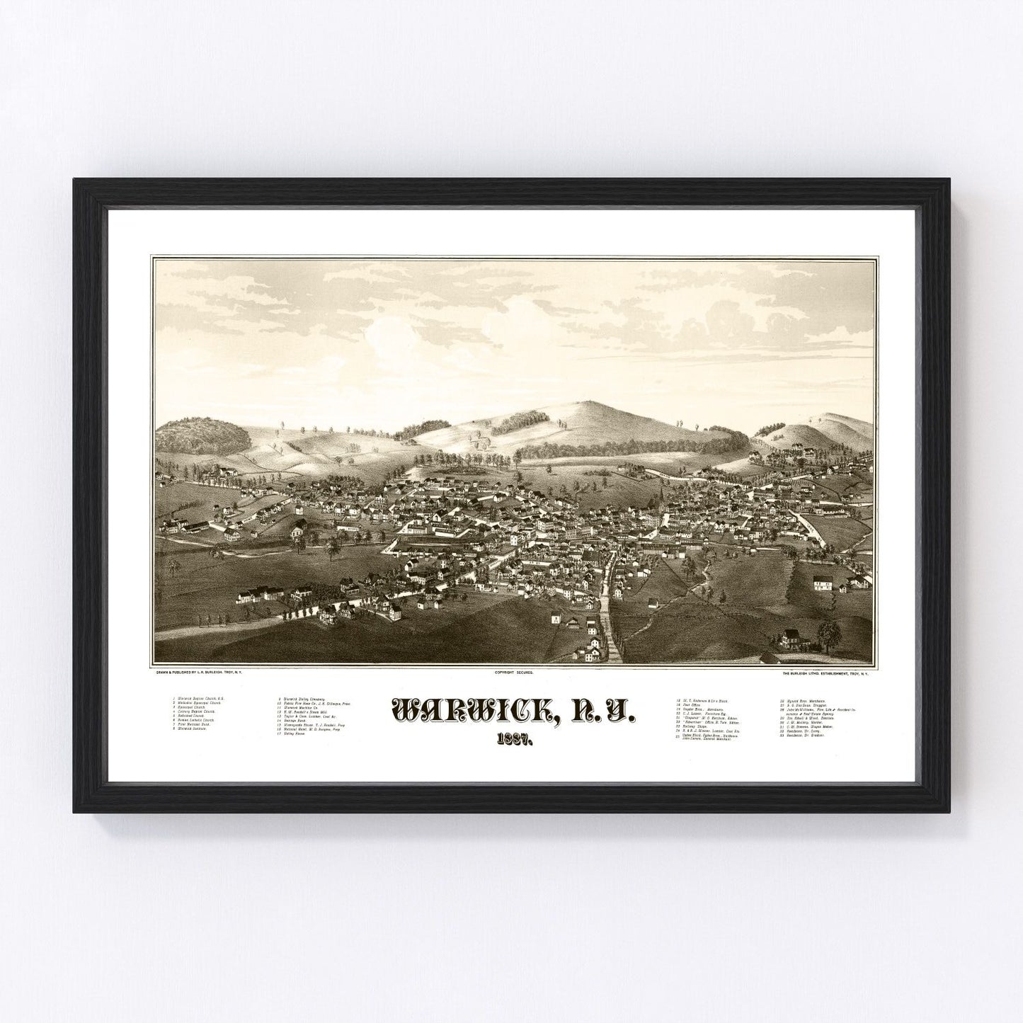 Vintage map of Warwick, Orange County, New York, 1887, Hudson Valley, digitally restored