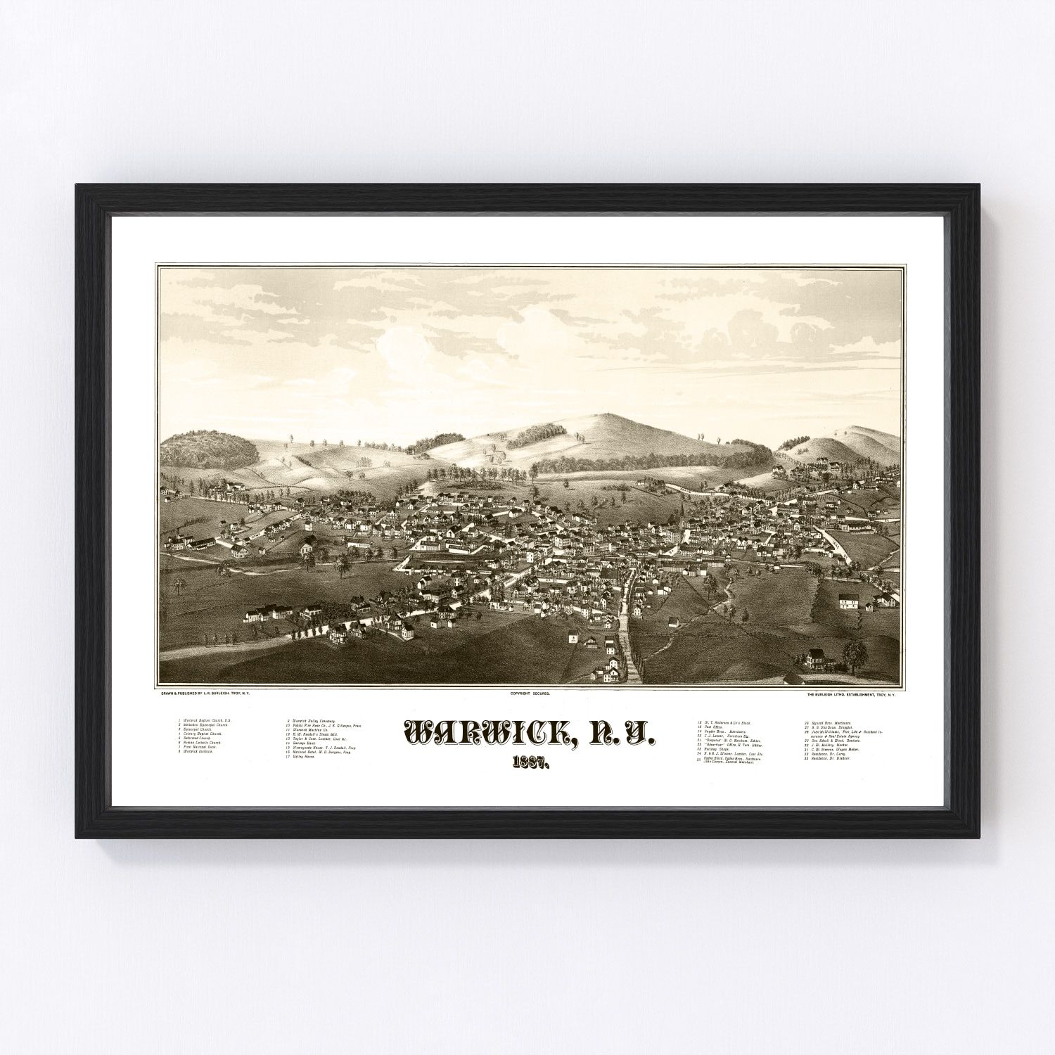 Vintage map of Warwick, Orange County, New York, 1887, Hudson Valley, digitally restored