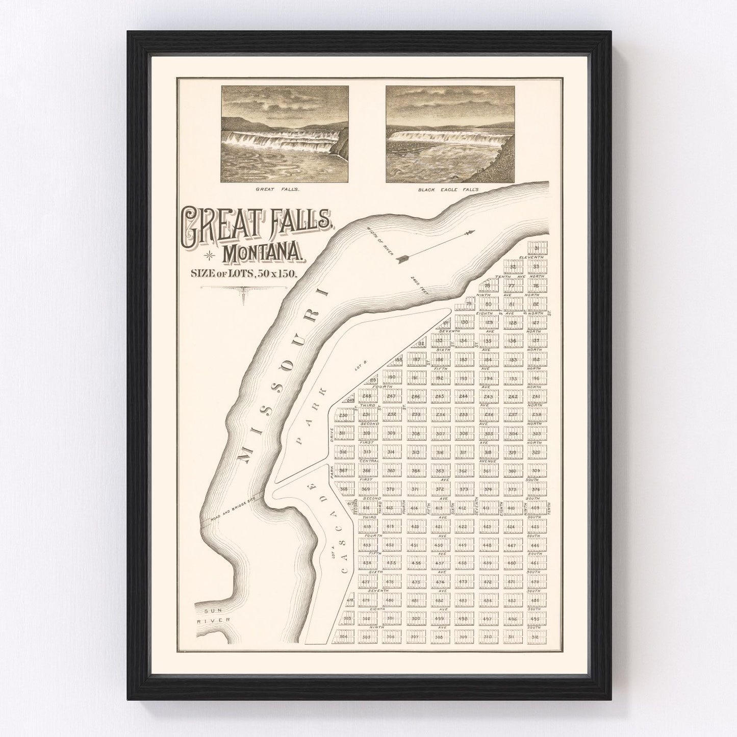 Vintage map of Great Falls, Montana, 1883