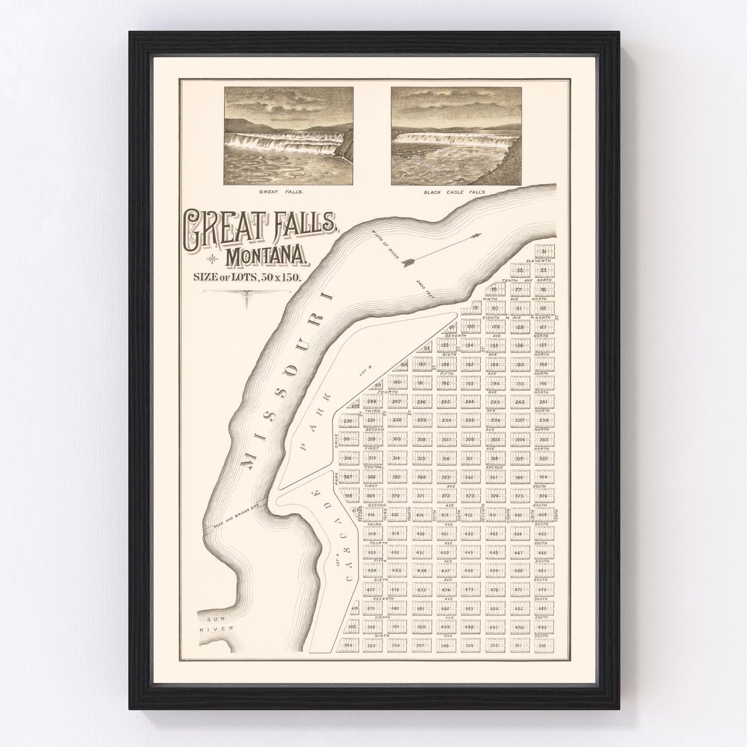 Vintage map of Great Falls, Montana, 1883