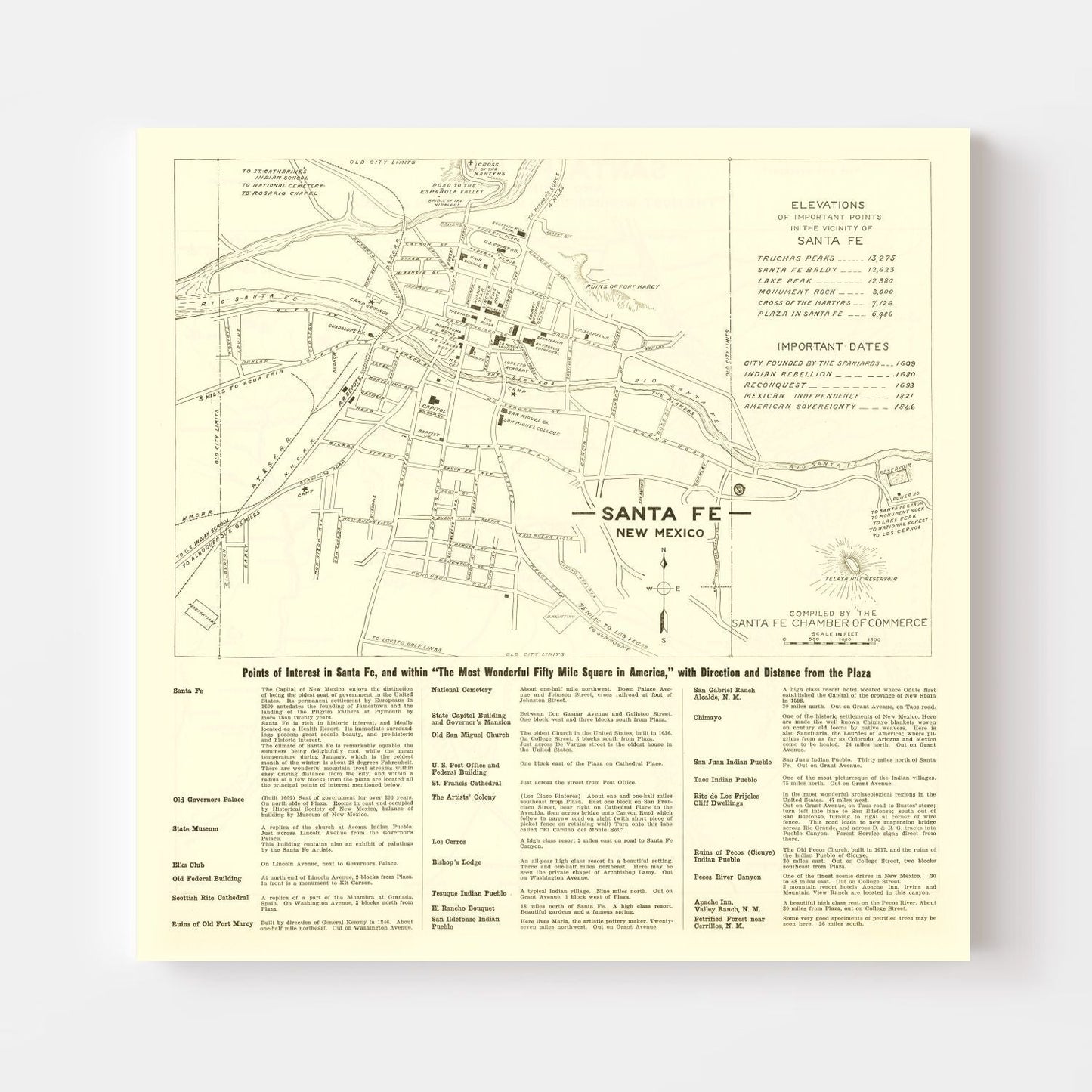 Vintage Map of Santa Fe, New Mexico, 1925
