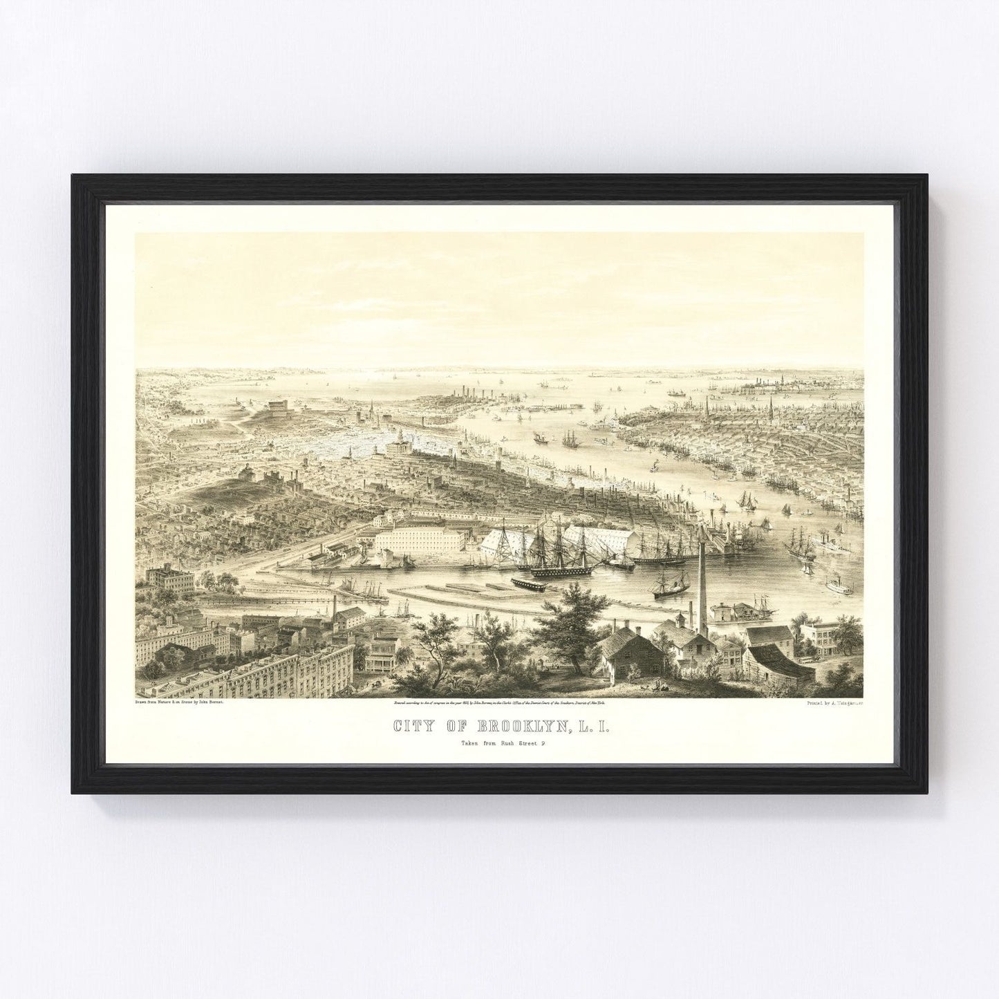 vintage map of Brooklyn New York, 1855, restored print wall art