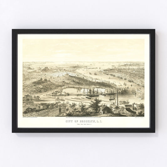 vintage map of Brooklyn New York, 1855, restored print wall art