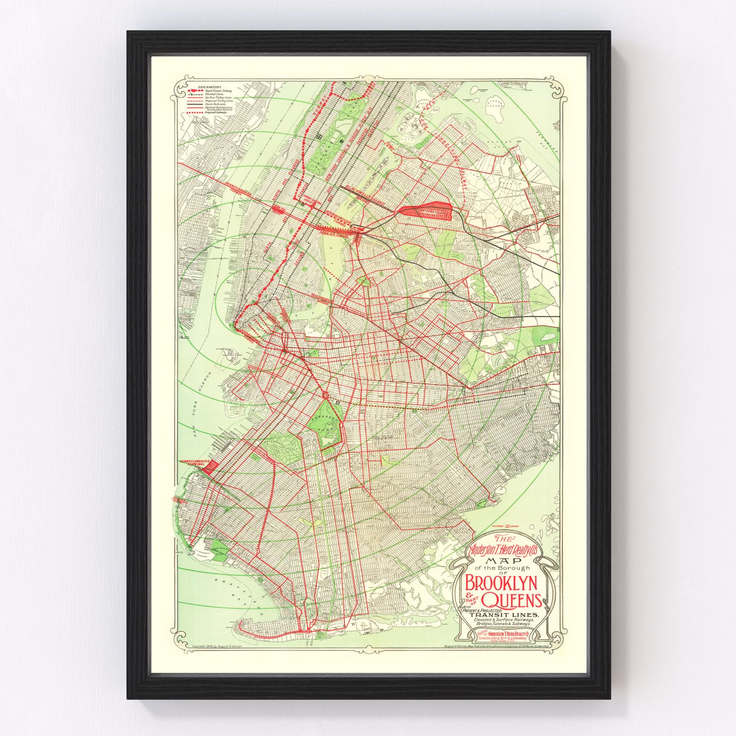 Vintage map of Brooklyn, New York, 1906 - digitally restored cartographic print