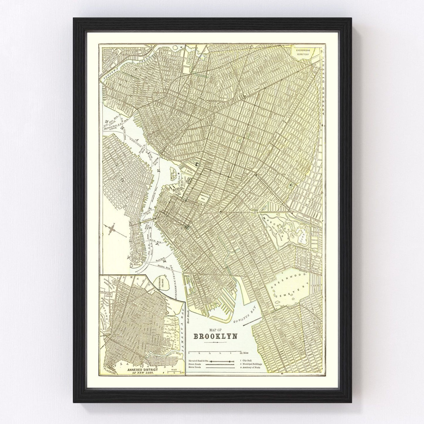 vintage map of Brooklyn New York, 1890, restored print wall art
