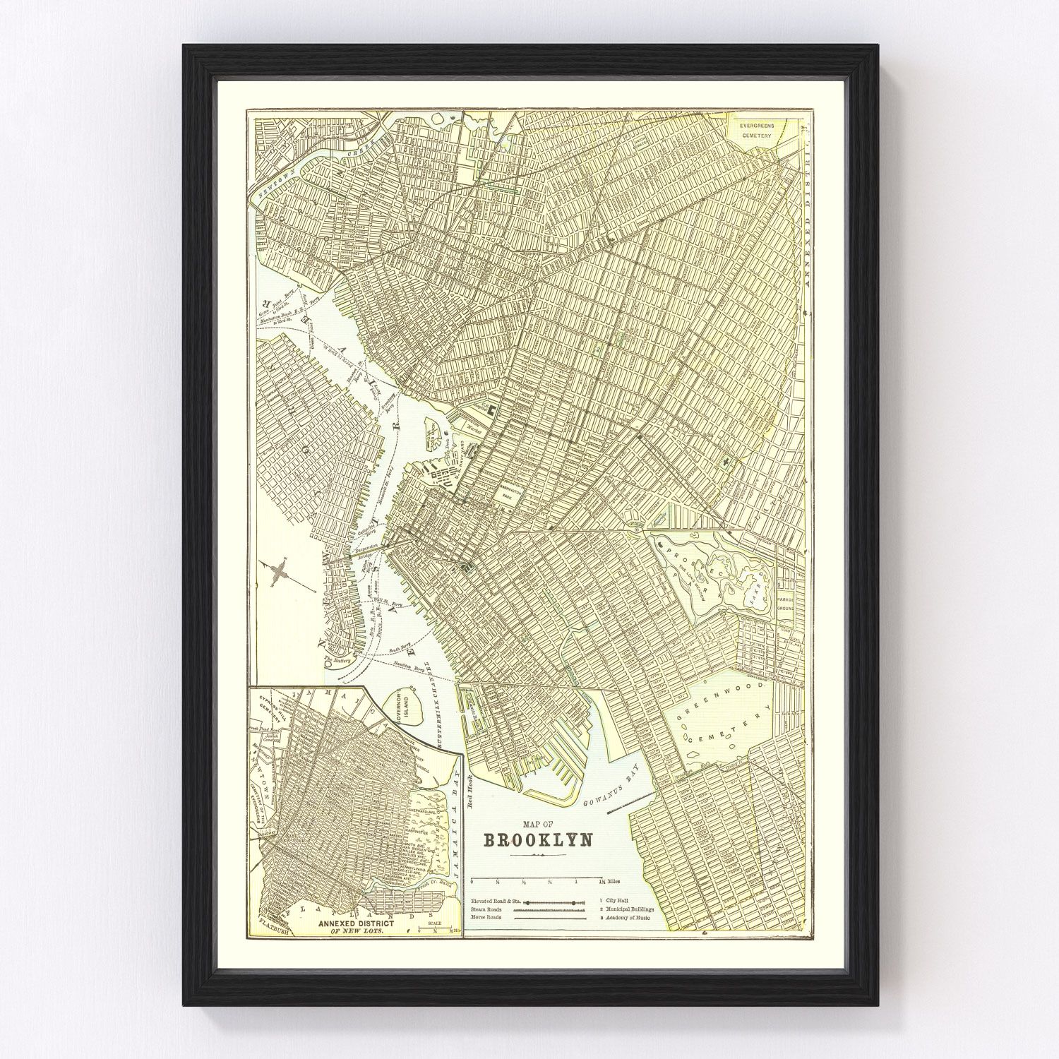 vintage map of Brooklyn New York, 1890, restored print wall art
