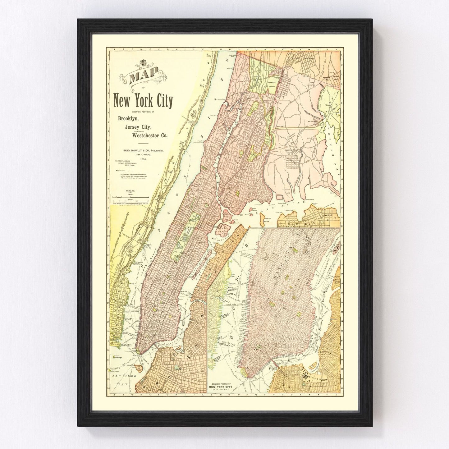 vintage map of Brooklyn New York, 1896, restored print wall art