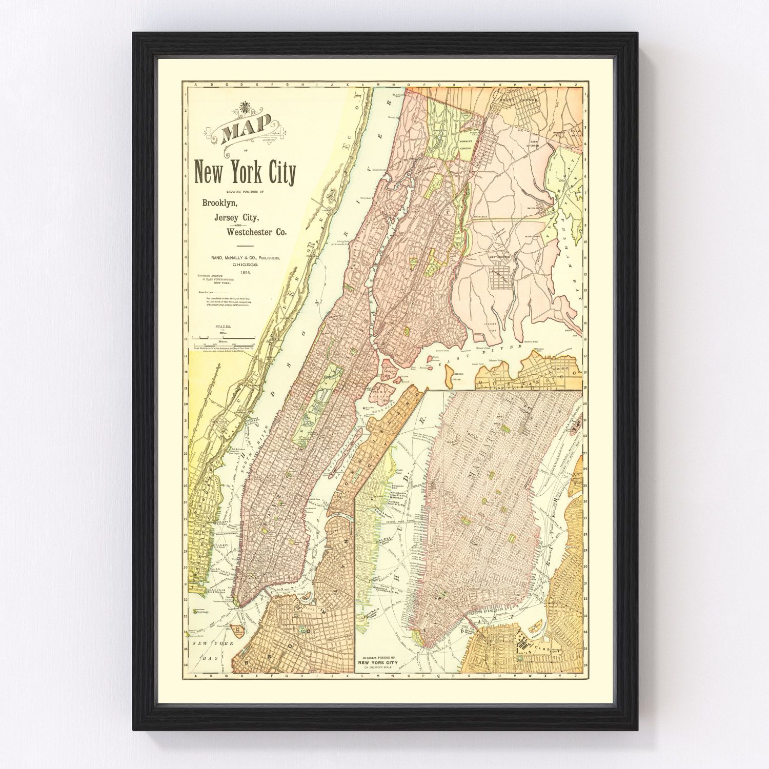 vintage map of Brooklyn New York, 1896, restored print wall art