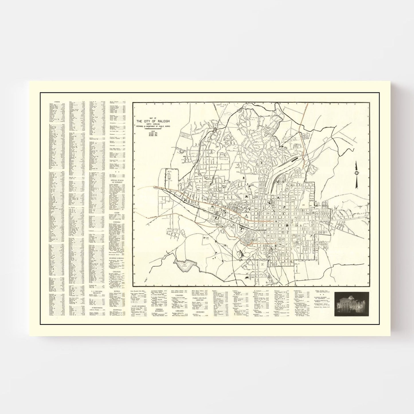 Vintage Map of Raleigh, Wake County, North Carolina, 1948