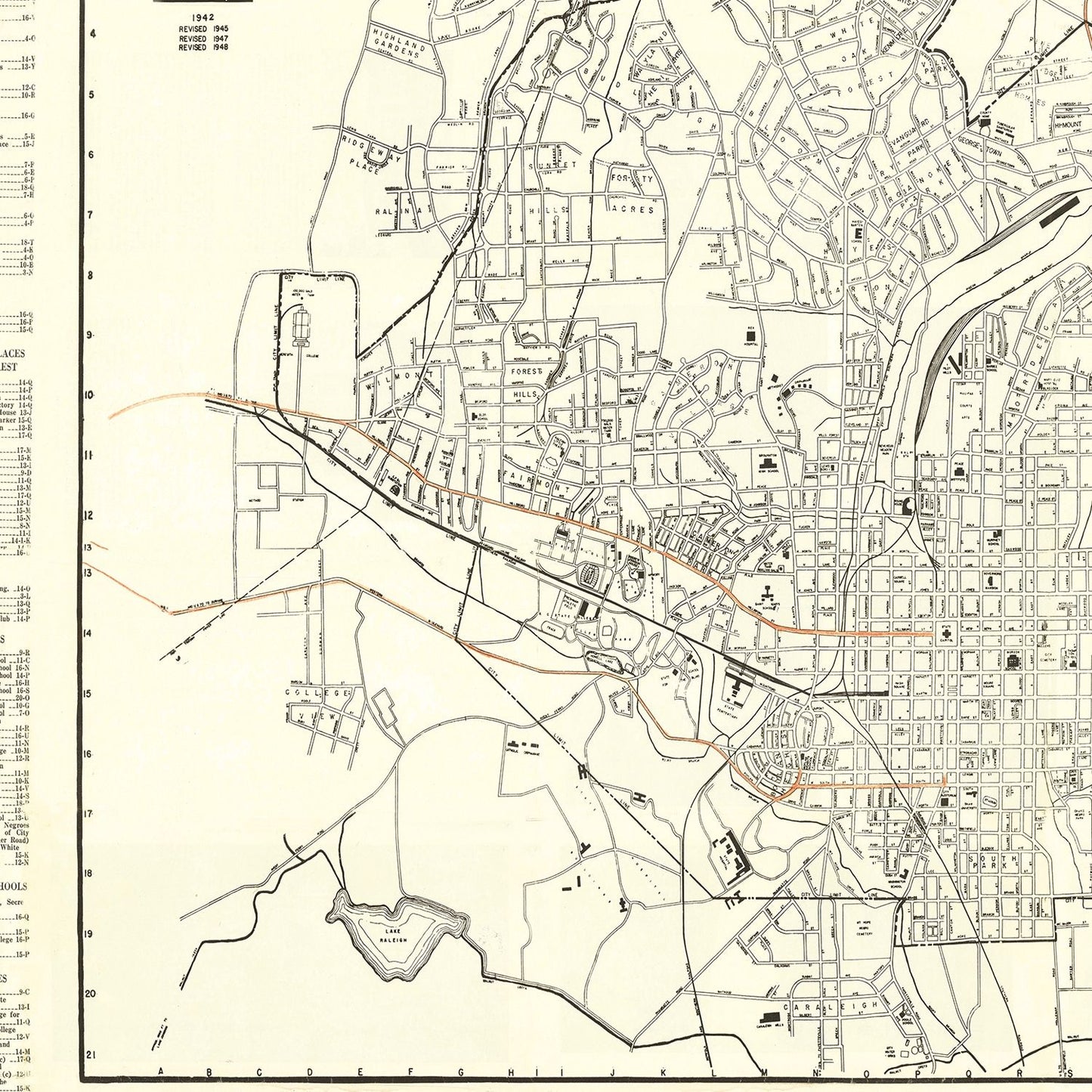 Vintage Map of Raleigh, Wake County, North Carolina, 1948