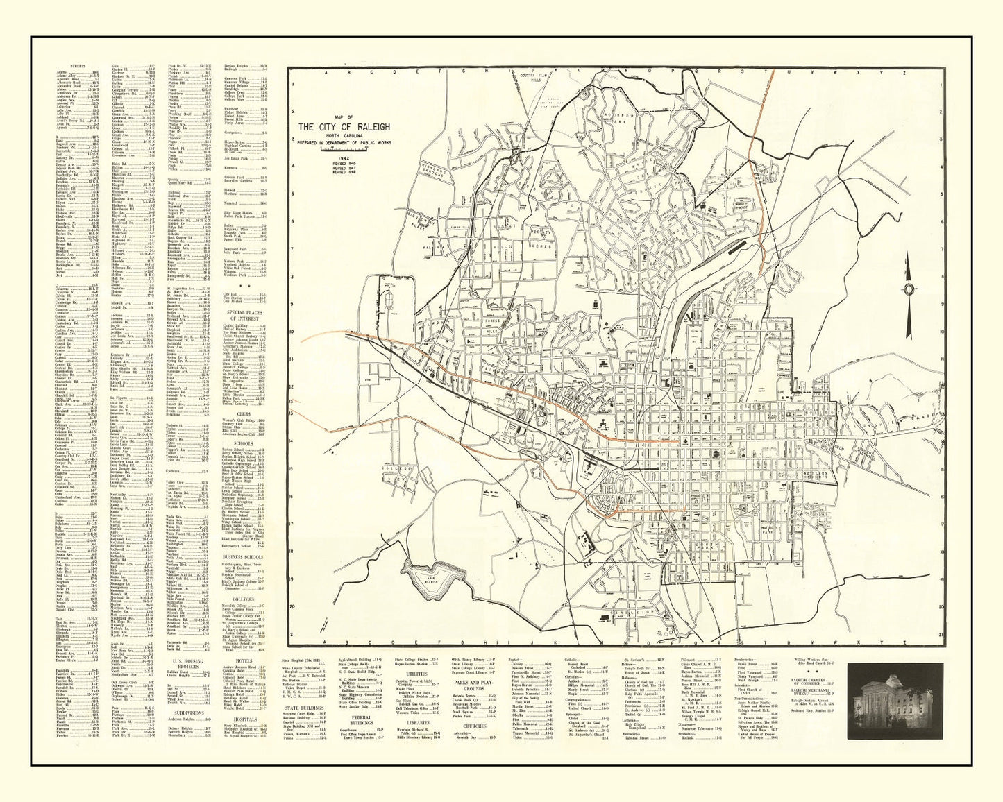 Vintage Map of Raleigh, Wake County, North Carolina, 1948